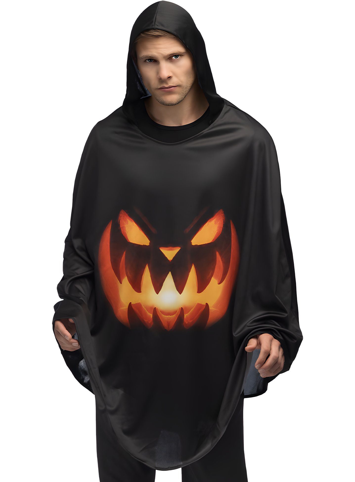 Boland Kostüm Halloweenkürbis Poncho, Schwarzer Umhang mit Schnitzkürbis-Print