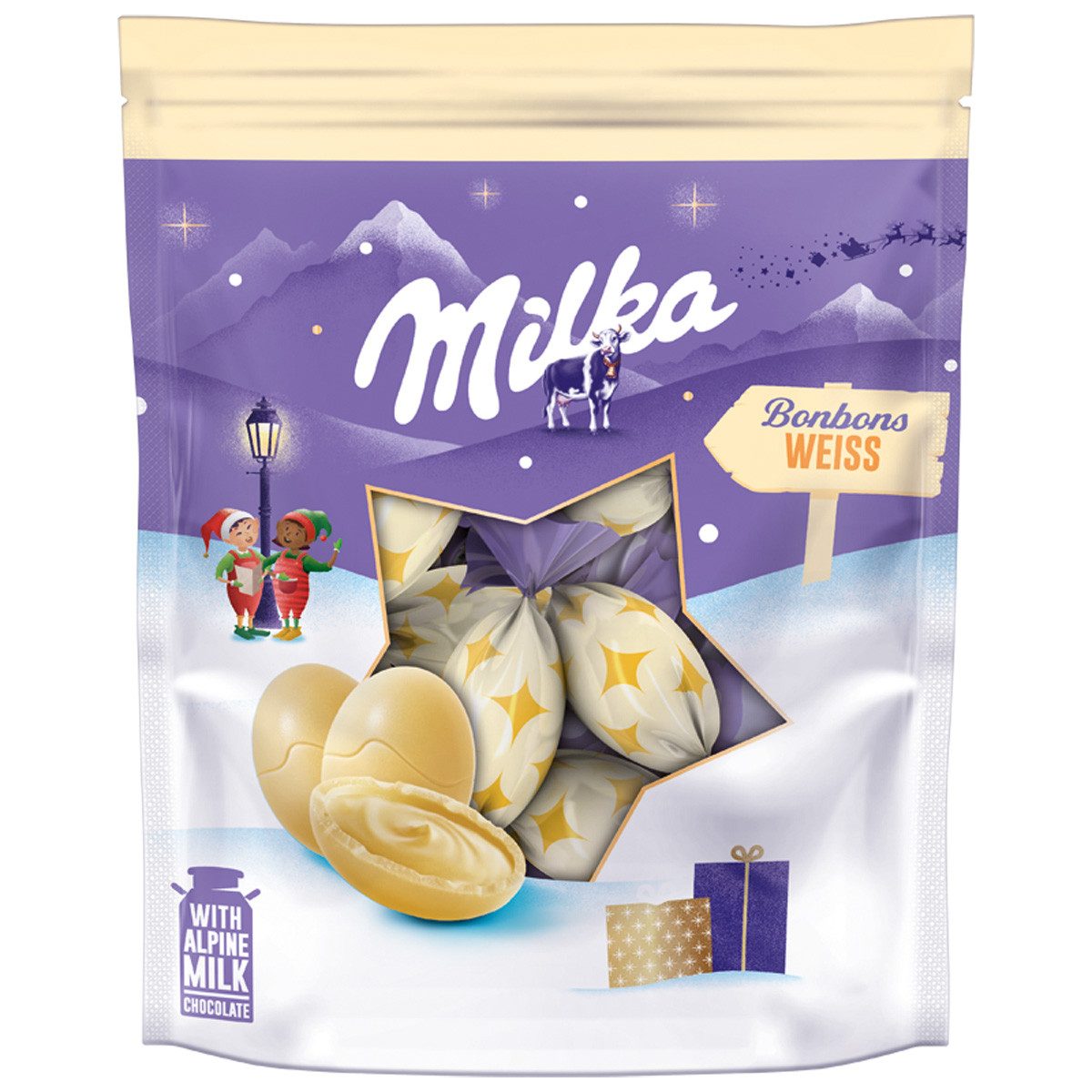 MILKA Schokolade, Milka Bonbons Weiß Schokoladenkugeln gefüllt mit weißer Creme 90g