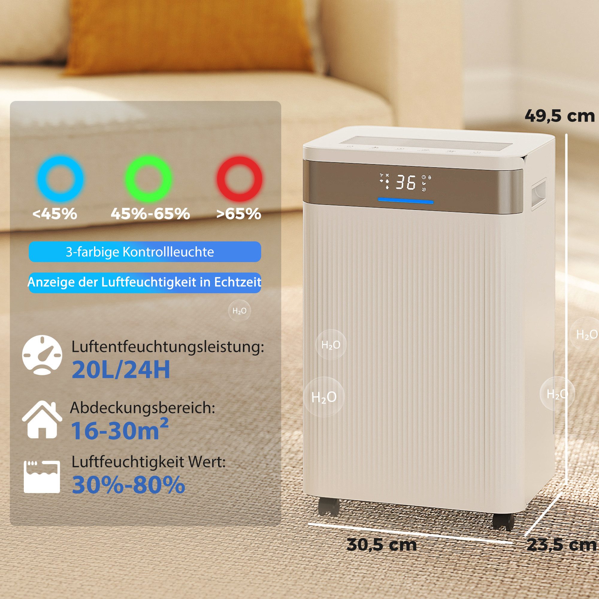 HOMCOM Luftentfeuchter 24-Stunden-Timer, Entfeuchtung 20 l/Tag, Tank 4.5 l, LED-Display, Kindersicherung