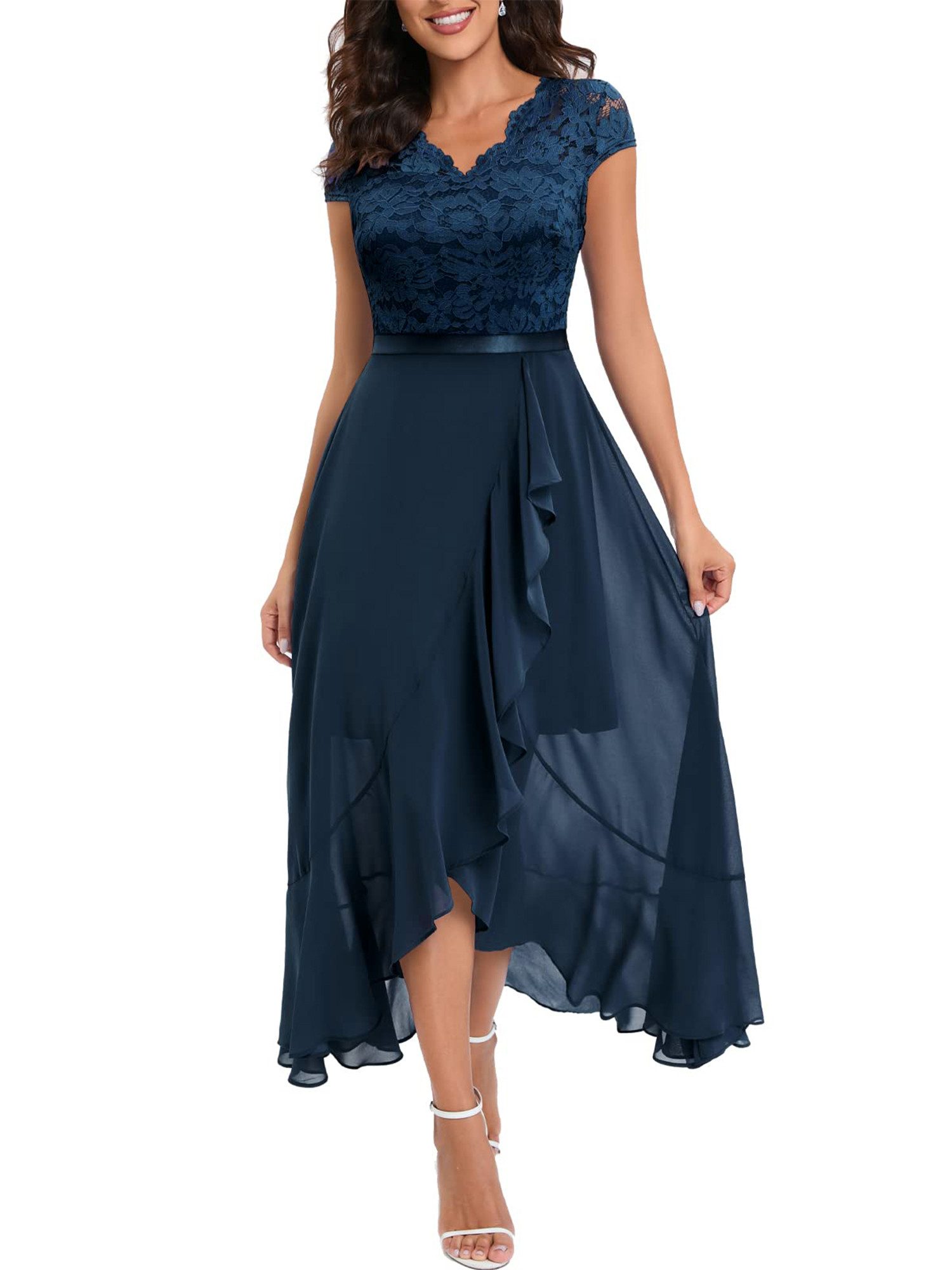 DYMADE Abendkleid Damen Abendkleid mit Chiffon Und Spitzen, Elegant Maxikleid 36-44 Größe