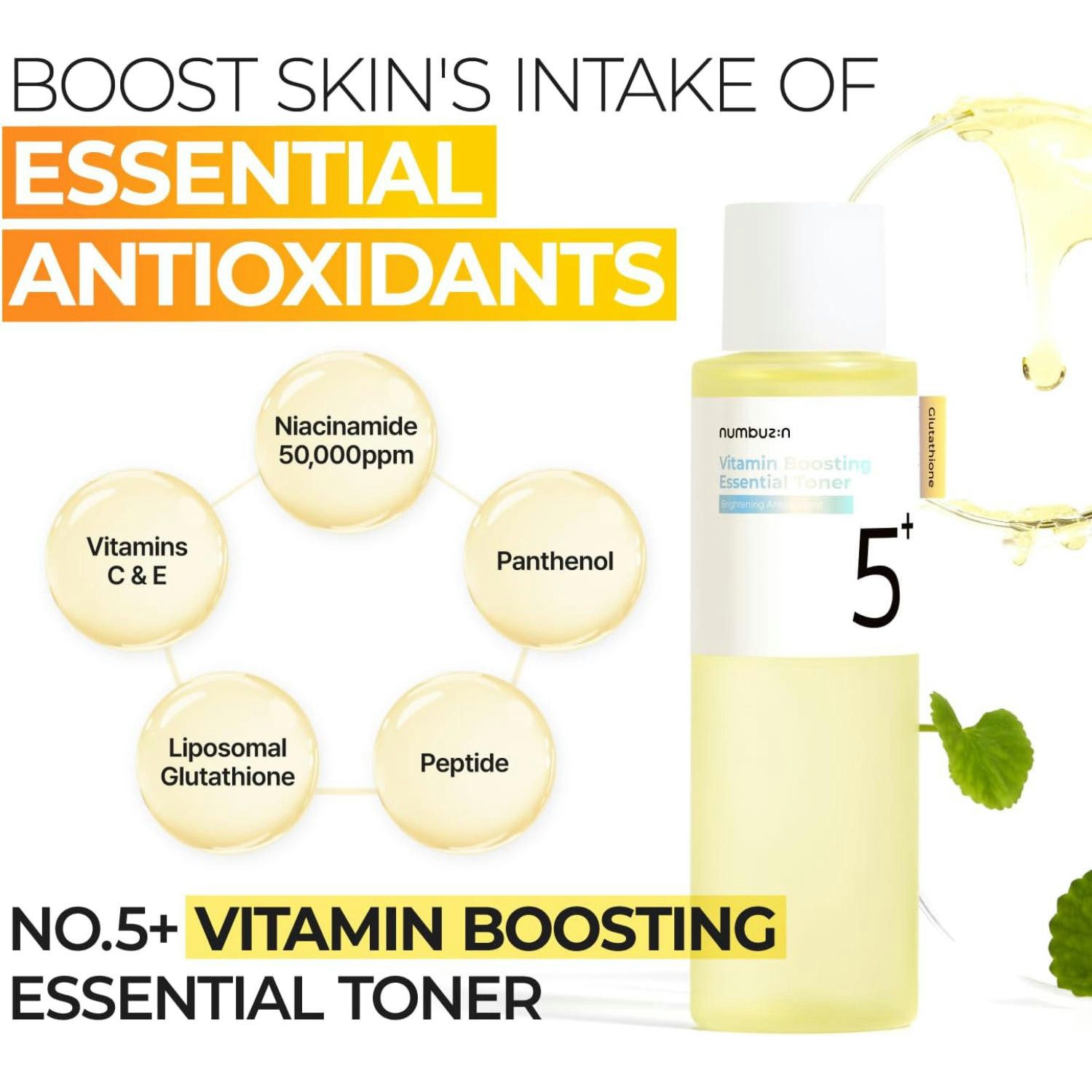 numbuzin Toner No.5 Vitamin Boosting Essential Toner 200 ml – Gesichtswasser mit Vitamin C, Niacinamid & Glutathion – aufhellender Essence Toner bei, Hyperpigmentierung & dunklen Flecken – revitalisierendes Toner