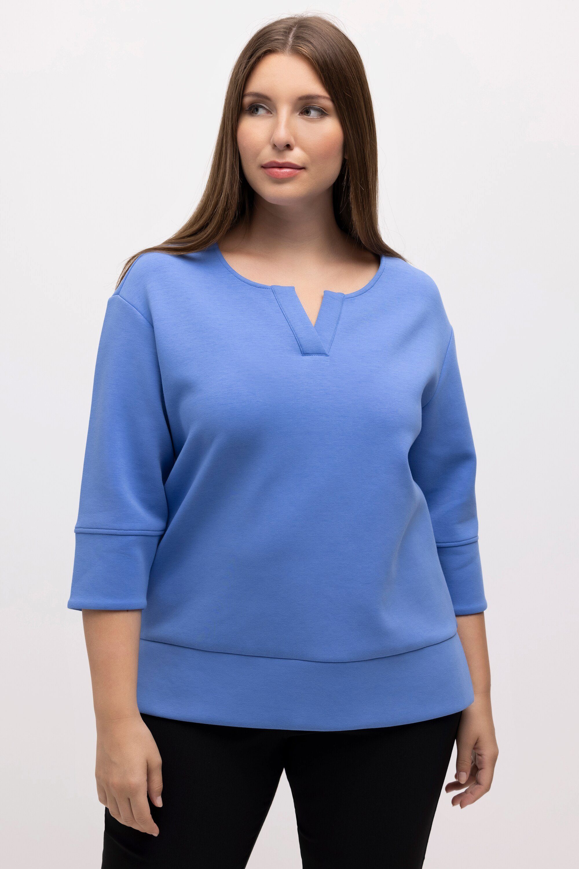 Tunika-Ausschnitt Sweatshirt Ulla Popken 3/4-Arm Sweatshirt himmelblau