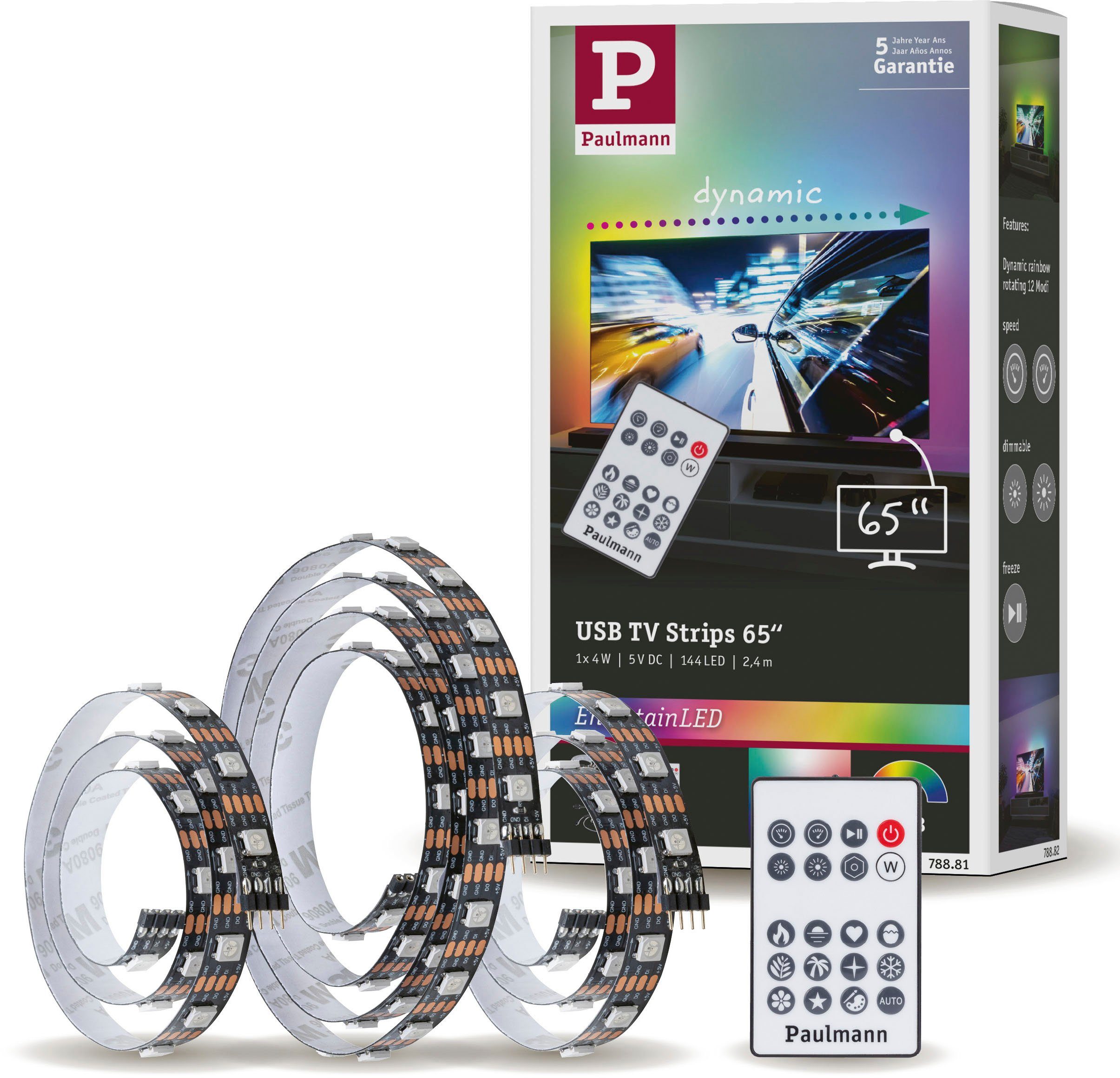 Paulmann LED-Streifen USB LED Strip TV-Beleuchtung 65 Zoll 2,4m Dynamic  Rainbow RGB 4W, 1-flammig, LED Streifen mit stimmungsvollen  Farbwechselfunktion | LED-Stripes