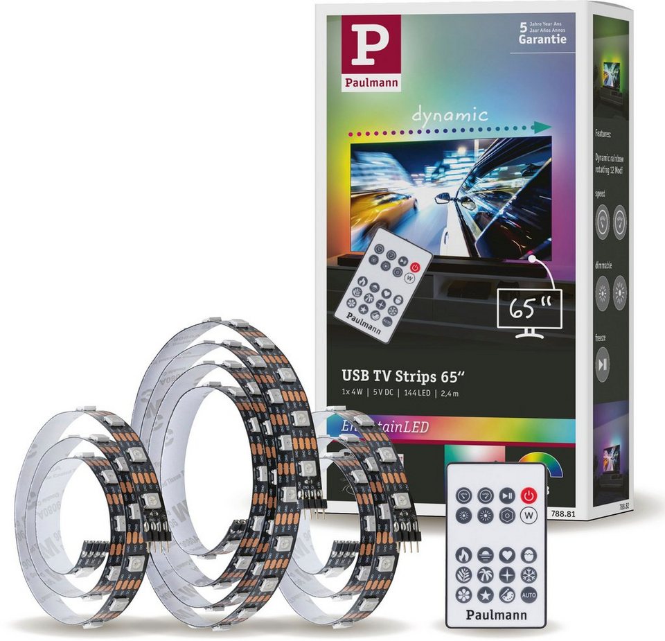 Paulmann LED-Streifen USB LED Strip TV-Beleuchtung 65 Zoll 2,4m Dynamic  Rainbow RGB 4W, 1-flammig, LED Streifen mit stimmungsvollen  Farbwechselfunktion