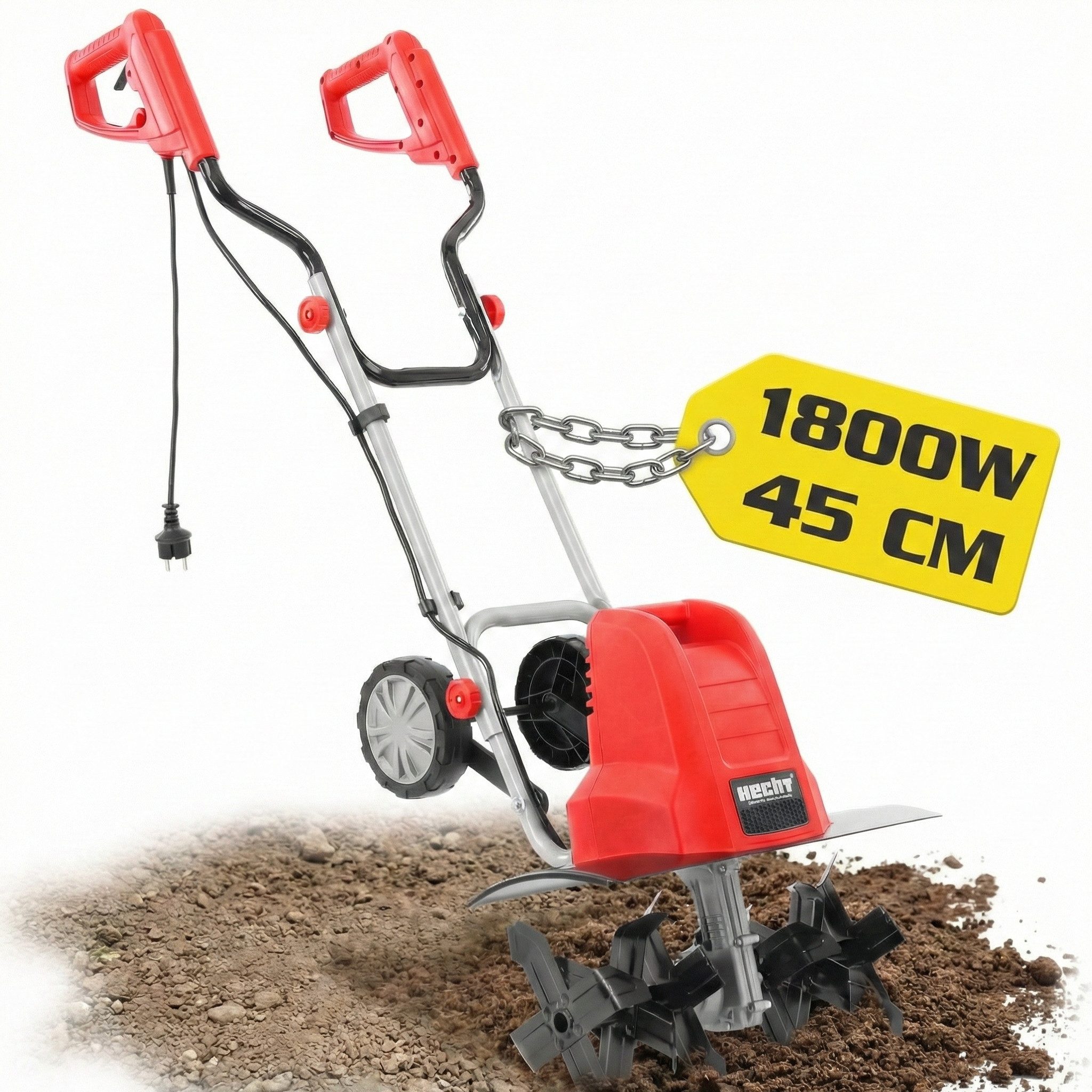 Hecht Elektromotorhacke Gartenfräse Gartenhacke Elektrisch 748, 1500W, 45 cm Arbeitsbreite, 22cm Arbeitstiefe, Transporträder, 6 Stahlmesser, 230V