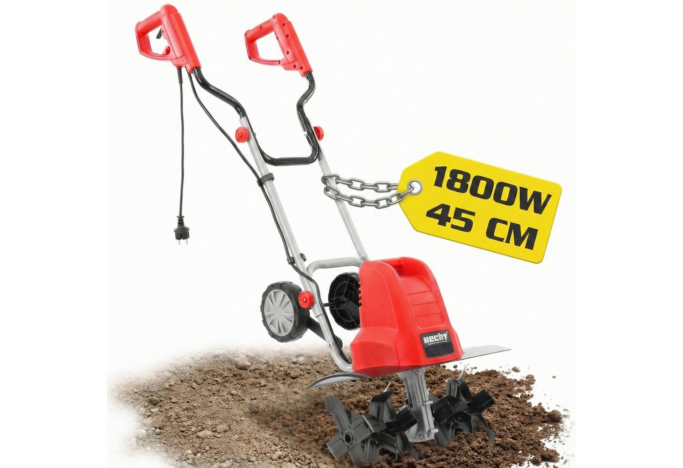 Hecht Elektromotorhacke Gartenfräse Gartenhacke Elektrisch 748, 1500W, 45 cm Arbeitsbreite, 22cm Arbeitstiefe, Transporträder, 6 Stahlmesser, 230V
