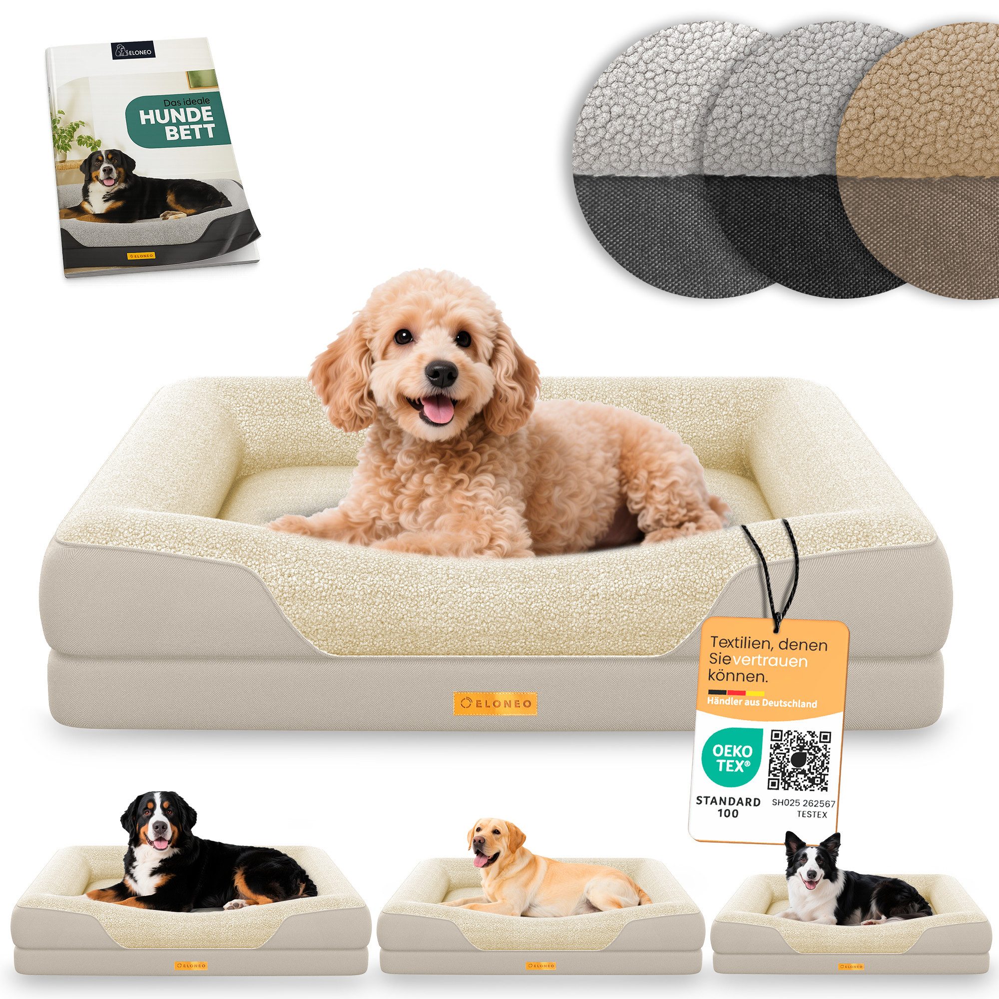 ELONEO Hundebett ELONEO - Orthopädisches Premium Hundebett, gelenkschonend, waschbar, Aus kuscheligem Sherpa-Fleece und strapazierfähigem Sofastoff