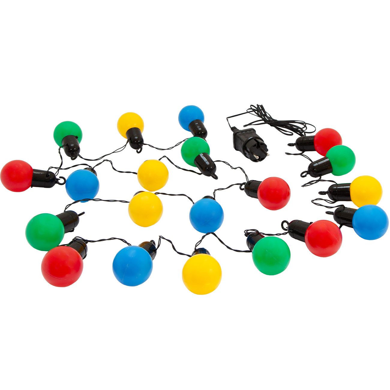 shop'n smile ideoon LED-Lichterkette 4-farbige LED-Lichterkette ca. 4m 20 bunte Glühbirnen IP44 Party-Deko, 4,8m Party-Lichterkette, 20 bunte LED-Gluehbirnen & Befestigungshaken