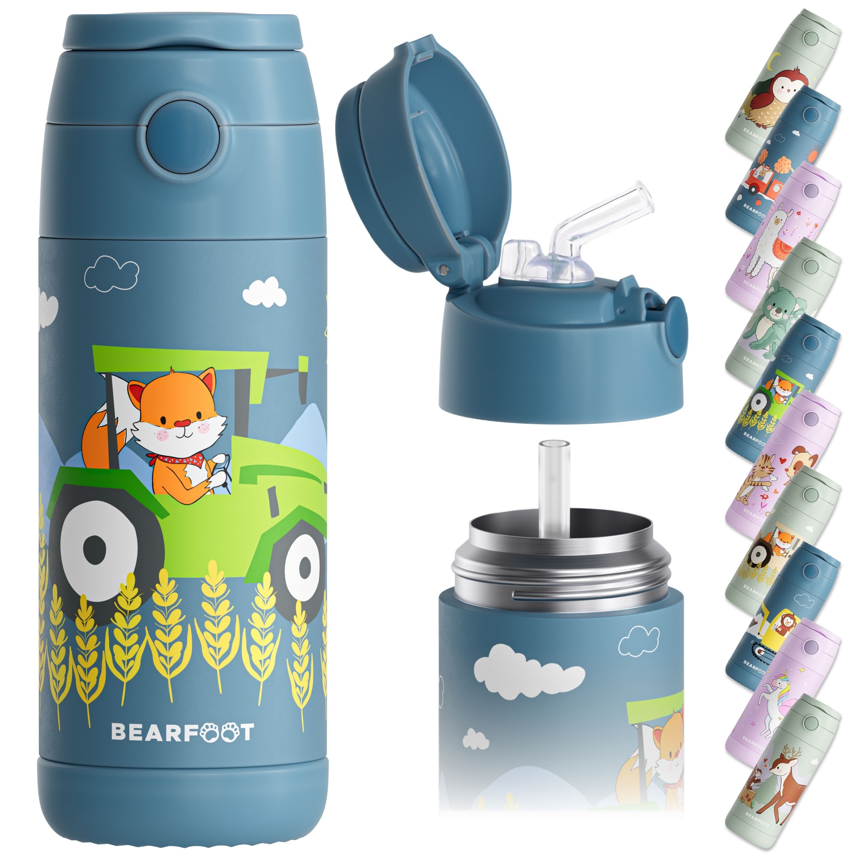BEARFOOT Trinkflasche Thermo Kinder Trinkflasche Edelstahl - Traktor Fuchs blau, Thermosflasche, auslaufsicher, Edelstahl, Kinderflasche, BPA-frei