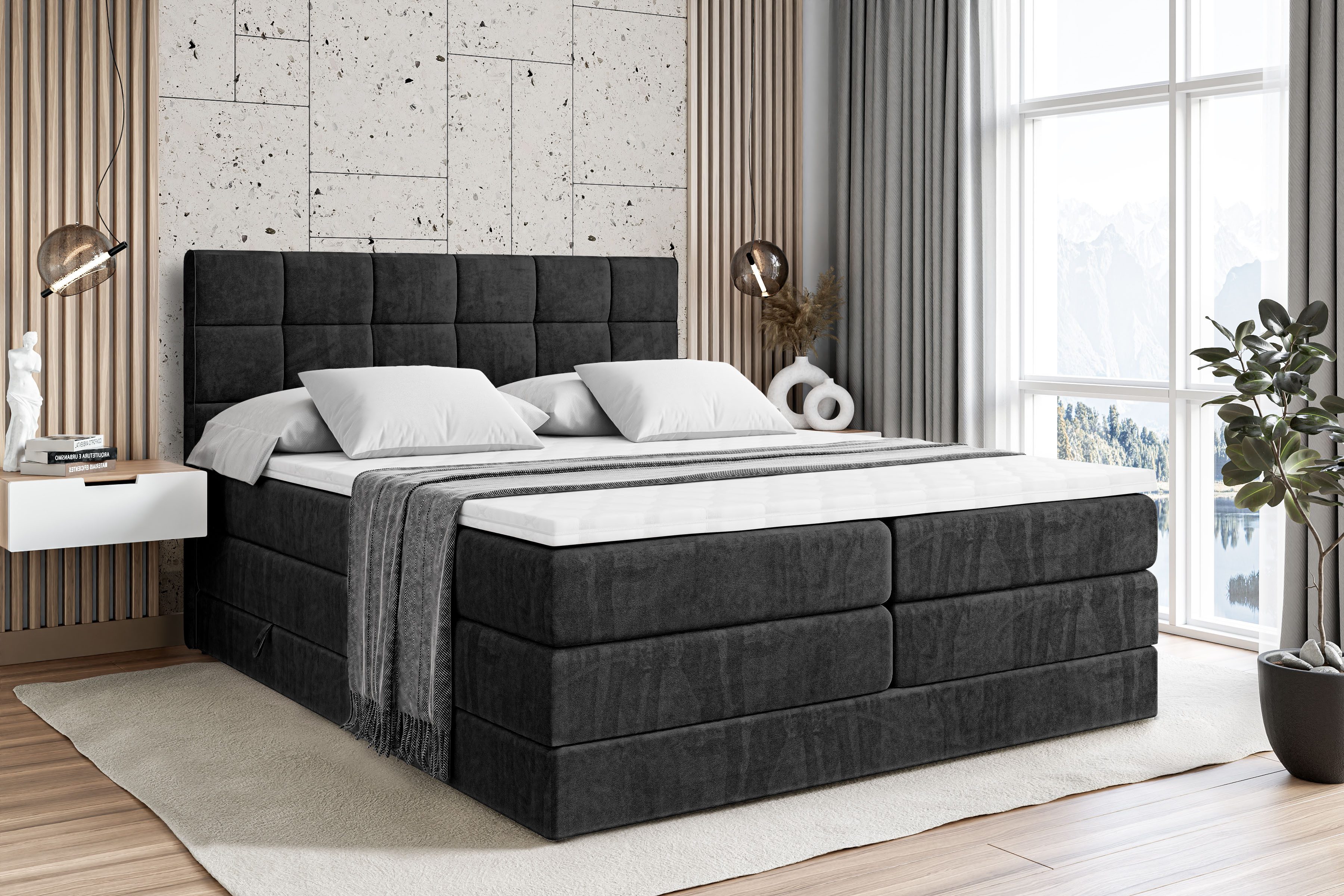 ALTDECOR Boxspringbett APO KING (mit Matratze und Lattenrost Topper Polsterbett mit Bettkasten Boxbett), H4 Multipocket, H3 Bonellfederung, Doppelbett Springboxbett