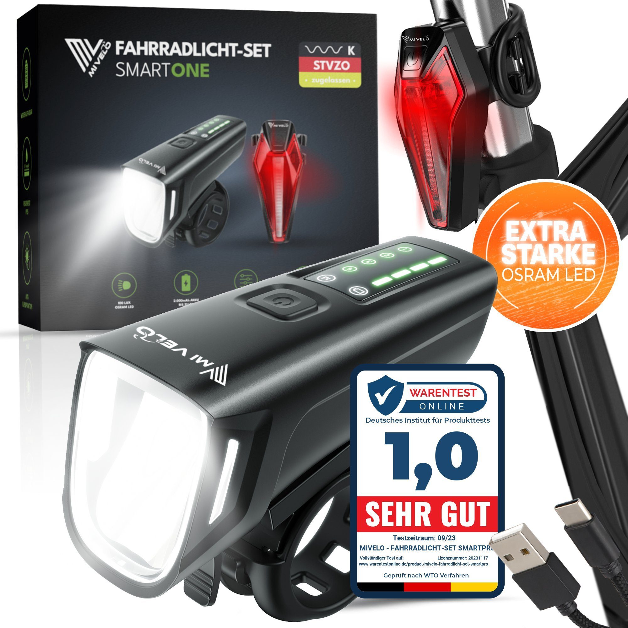MIVELO Fahrradbeleuchtung SMART Fahrradlicht Set LED 100 LUX - Akku USB aufladbar