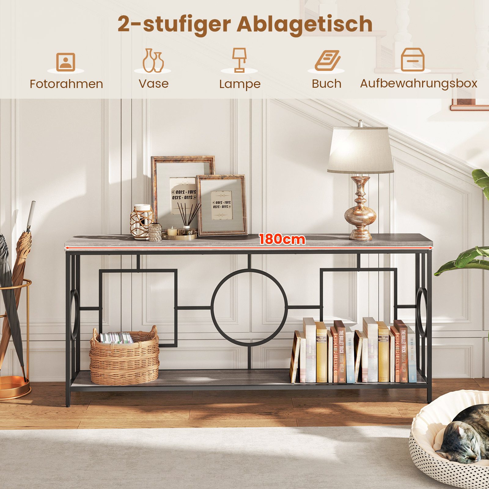 COSTWAY Konsolentisch, schmal, 180cm, Flurtisch mit 2 Ebenen, Metallgestell