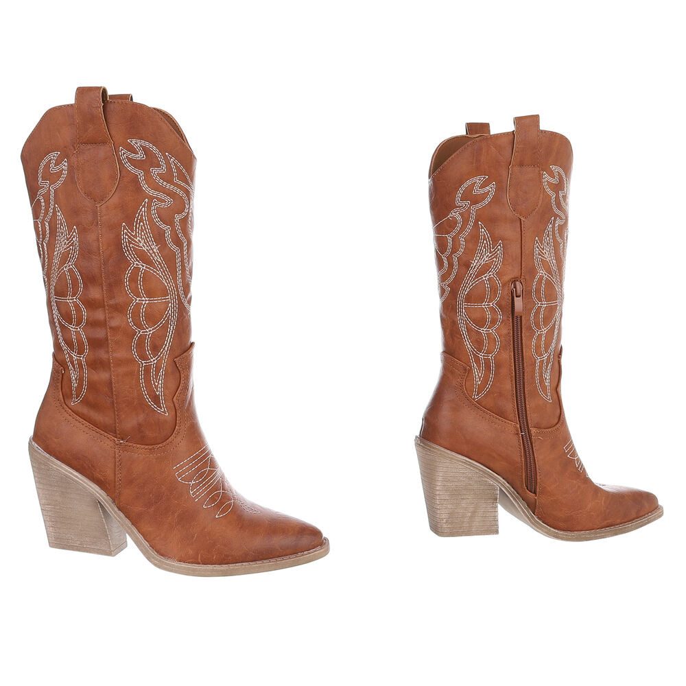 Ital-Design Stylische Damen-Stiefeletten mit Stickdetails für Alltag Westernstiefel (91409441) Blockabsatz Stiefel in Camel – Bild 4 von 5