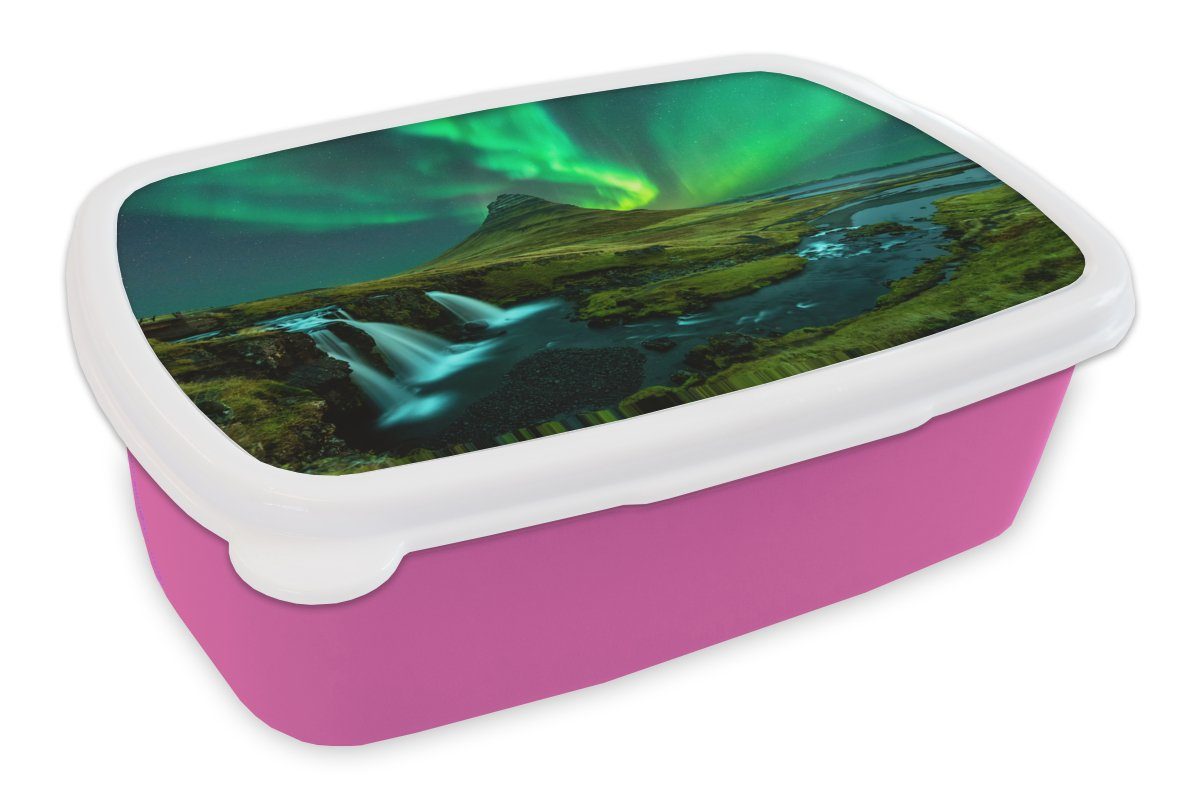 Mädchen, Kunststoff, - Brotbox - Island, für - Snackbox, Kinder, Kunststoff Erwachsene, Berg rosa Wasserfall Lunchbox Nordlichter (2-tlg), MuchoWow Brotdose