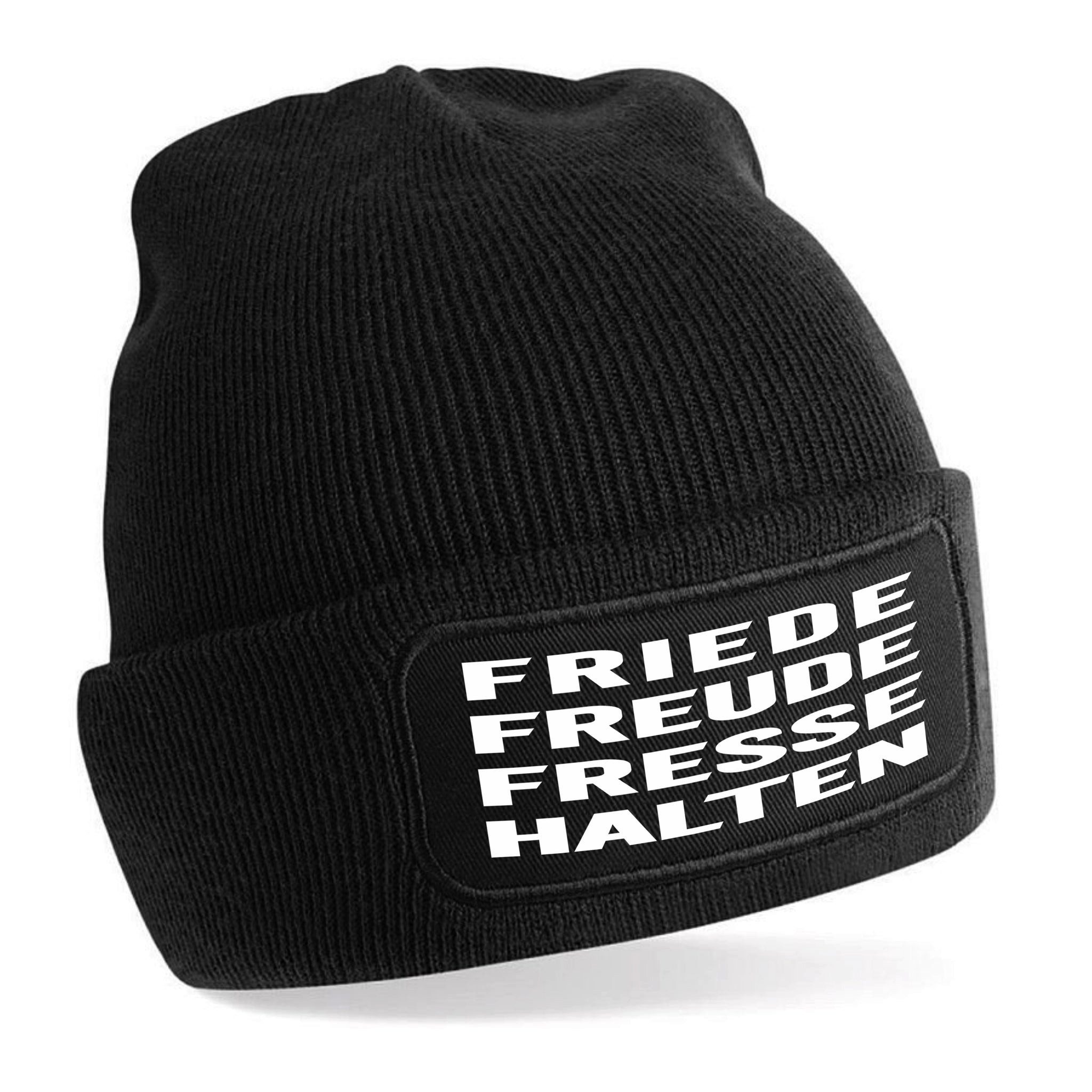 Herzbotschaft Beanie Strickmütze mit Spruch FRIEDE FREUDE FRESSE HALTEN (Skimütze) Unisex SoftTouch angenehm weiche und warme Wintermütze Einheitsgröße