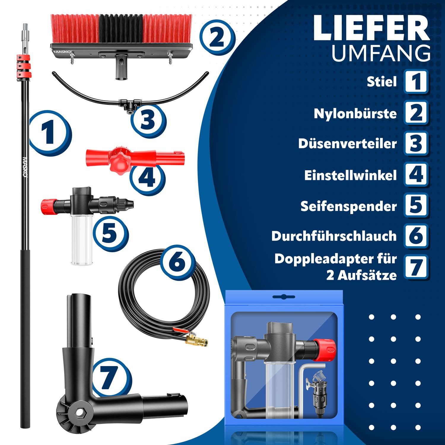 MASKO Reinigungsbürste, (mit Teleskopstage, Seifenspender & Handschuhe), Teleskop Waschbürste Teleskopstiel bis 5,4m Ausziehbar Weiche Borsten