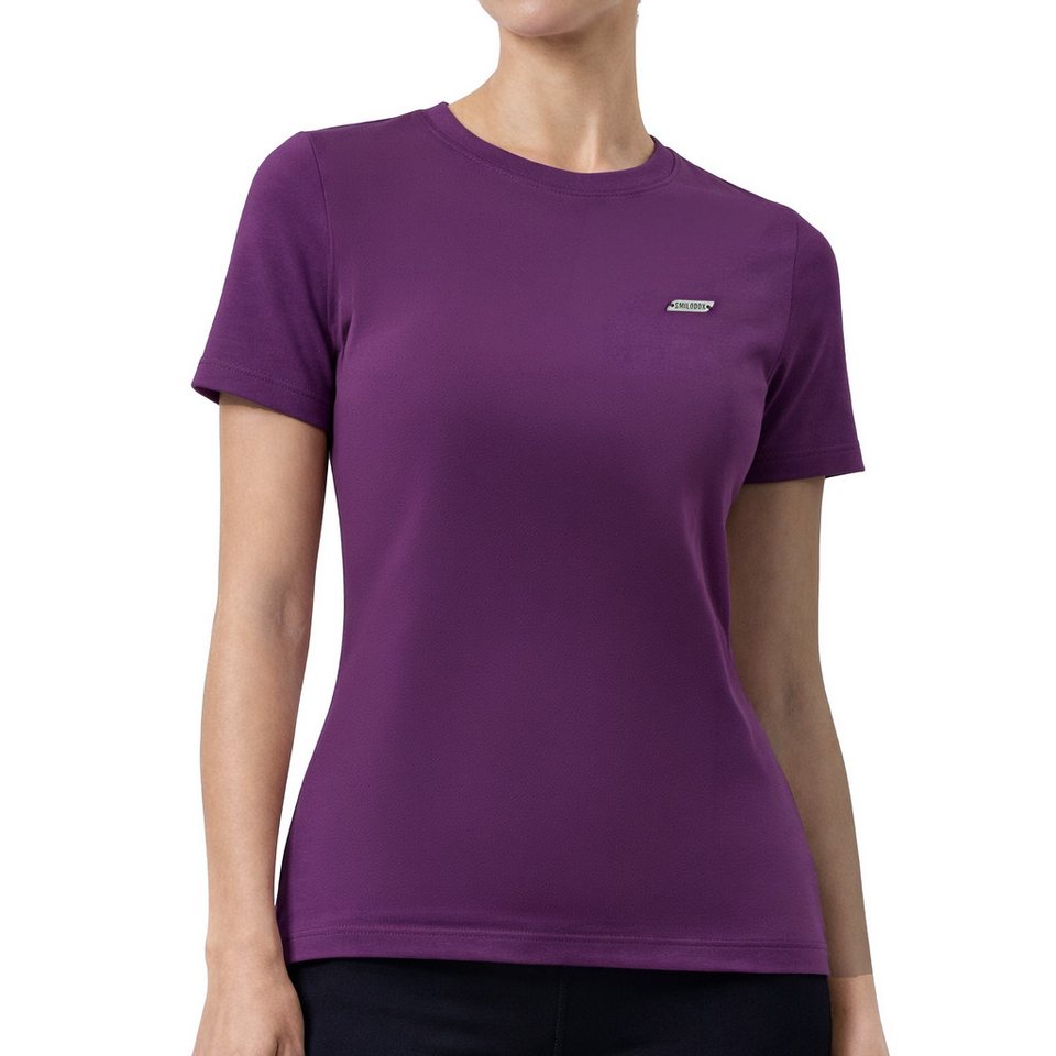 Smilodox T-Shirt Laurena, Schlichtes Shirt, graviertes Metallabel, Weiches Material Kurzarmshirt mit modernem Detail Alltag Freizeit Sport