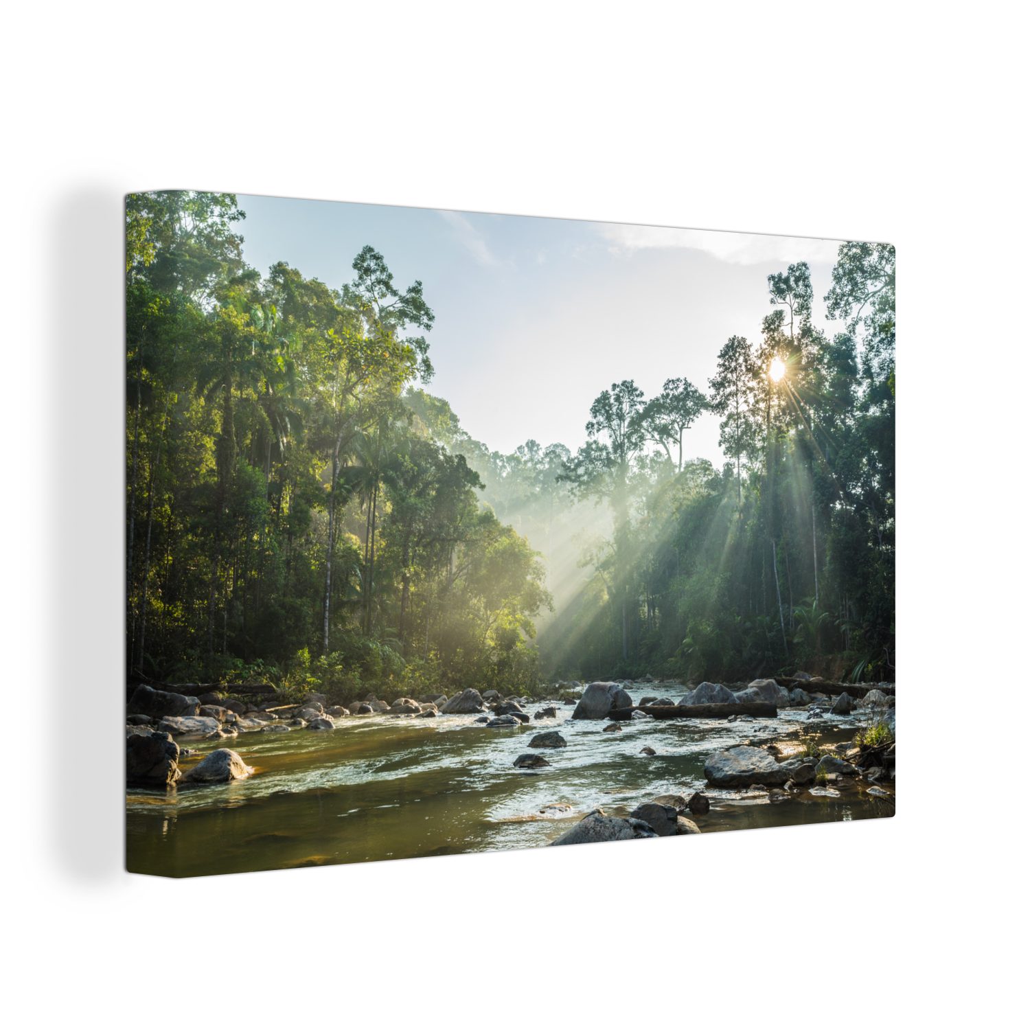 Wanddeko, Landschaft, Flusses einer Aufhängefertig, Bild Leinwandbilder, cm Leinwandbild St), malaysischen 30x20 Wandbild OneMillionCanvasses® grünen (1 eines in