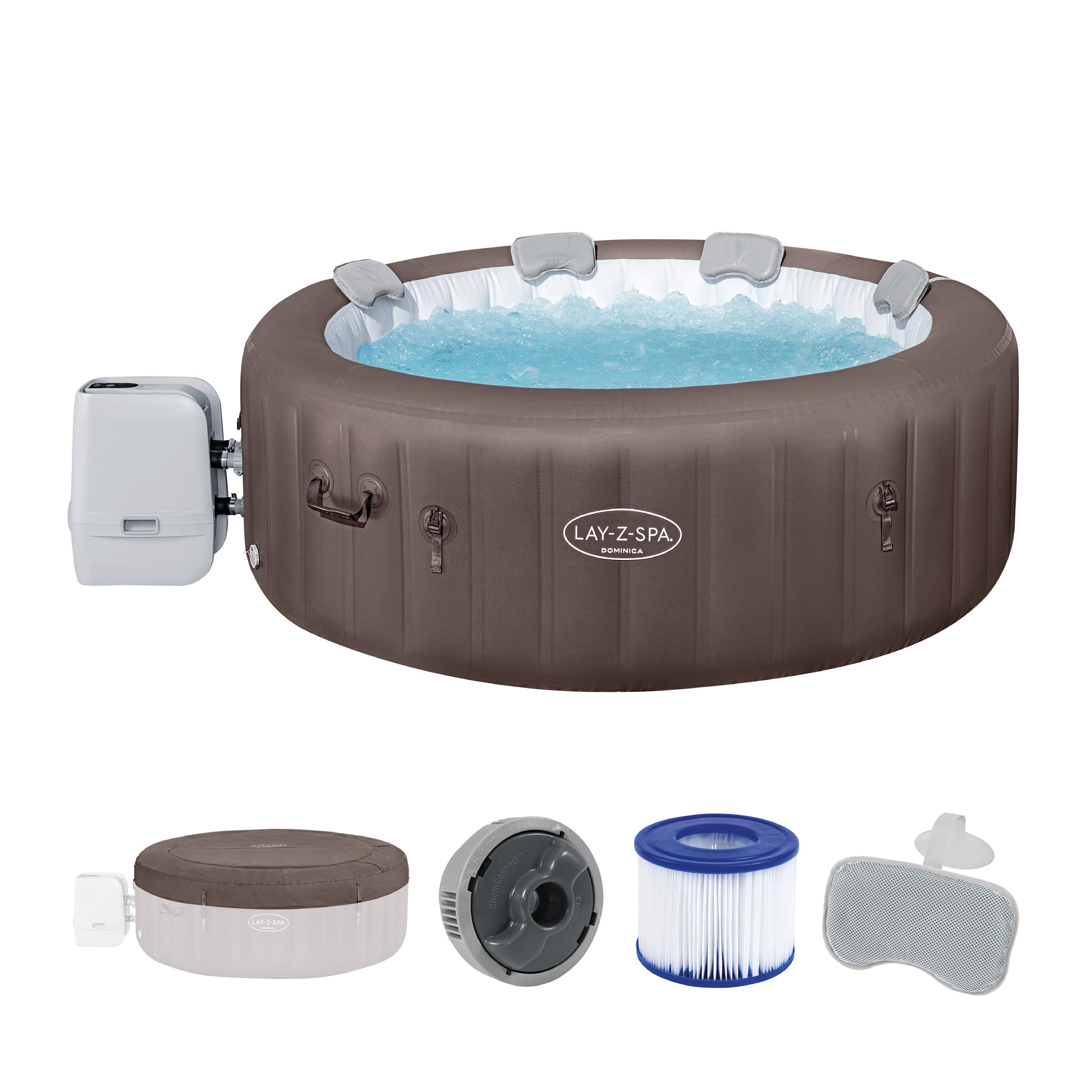 Bestway Whirlpool LAY-Z-SP Dominica HydroJet, (Packung, mit App-Steuerung, für 6 Personen Ø 196 x 71 cm, Urbanbraun), Integrierte Energiespardämmung EnergySense