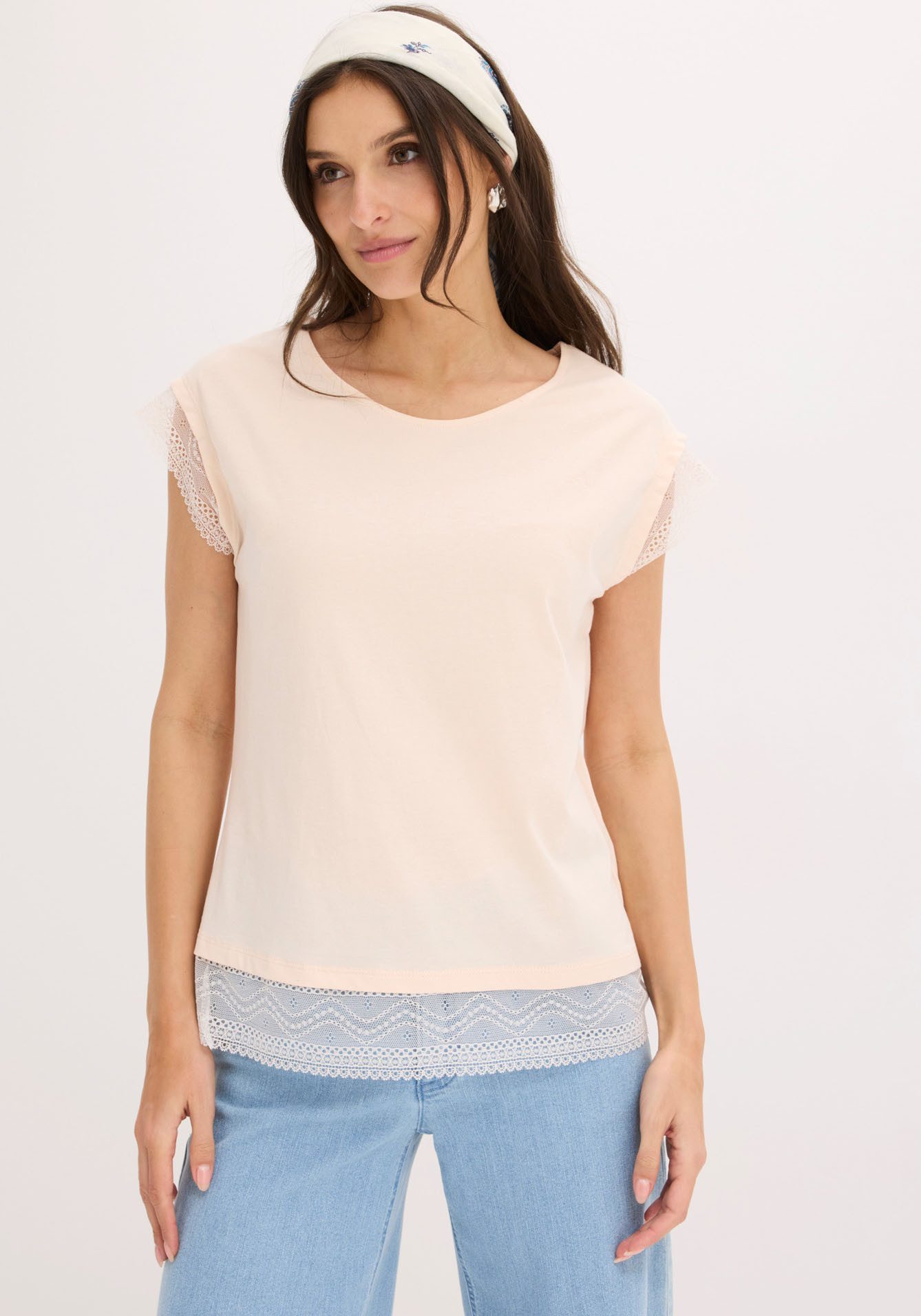 bonprix T-Shirt bequeme Passform, überschnittene Schultern, mit Spitzendetails
