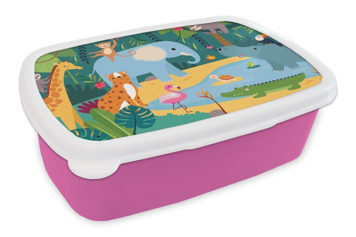 MuchoWow Lunchbox Dschungel - Design - Tiere - Kind, Kunststoff, (2-tlg), Brotbox für Erwachsene, Brotdose Kinder, Snackbox, Mädchen, Kunststoff rosa