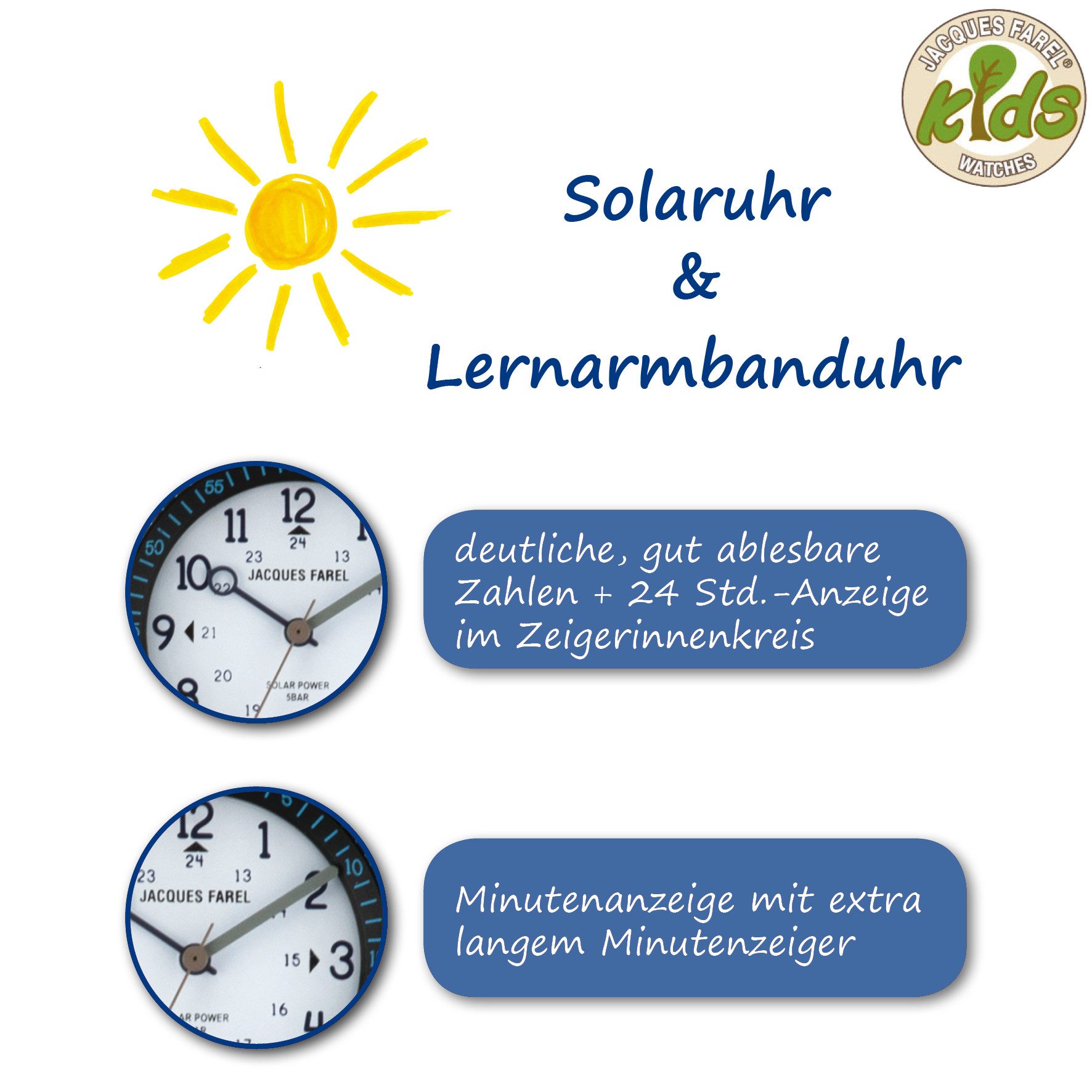 Jacques Farel Solaruhr ORSO Kinder Armbanduhr Solar Baumwollband, analog nachhaltig Geschenkidee Einschulung Kids Ø 30 mm – Bild 2 von 5
