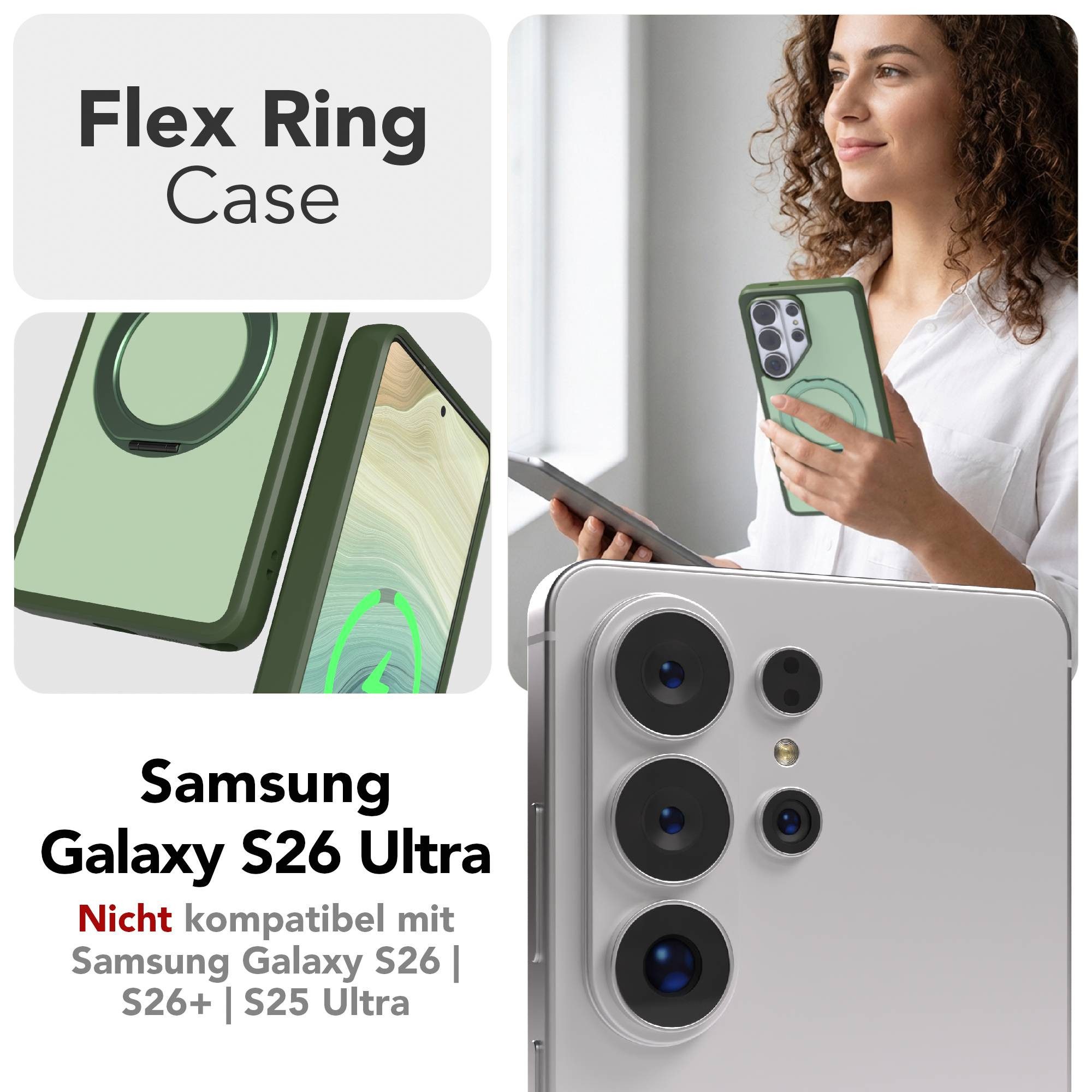 EAZY CASE Handyhülle Outdoor Galaxy S26 Ultra Case mit MagSafe Rotation Ring 6,9 Zoll, Backcover Case mit Rotation Ring Outdoor Hülle aufstellbar Dunkelgrün