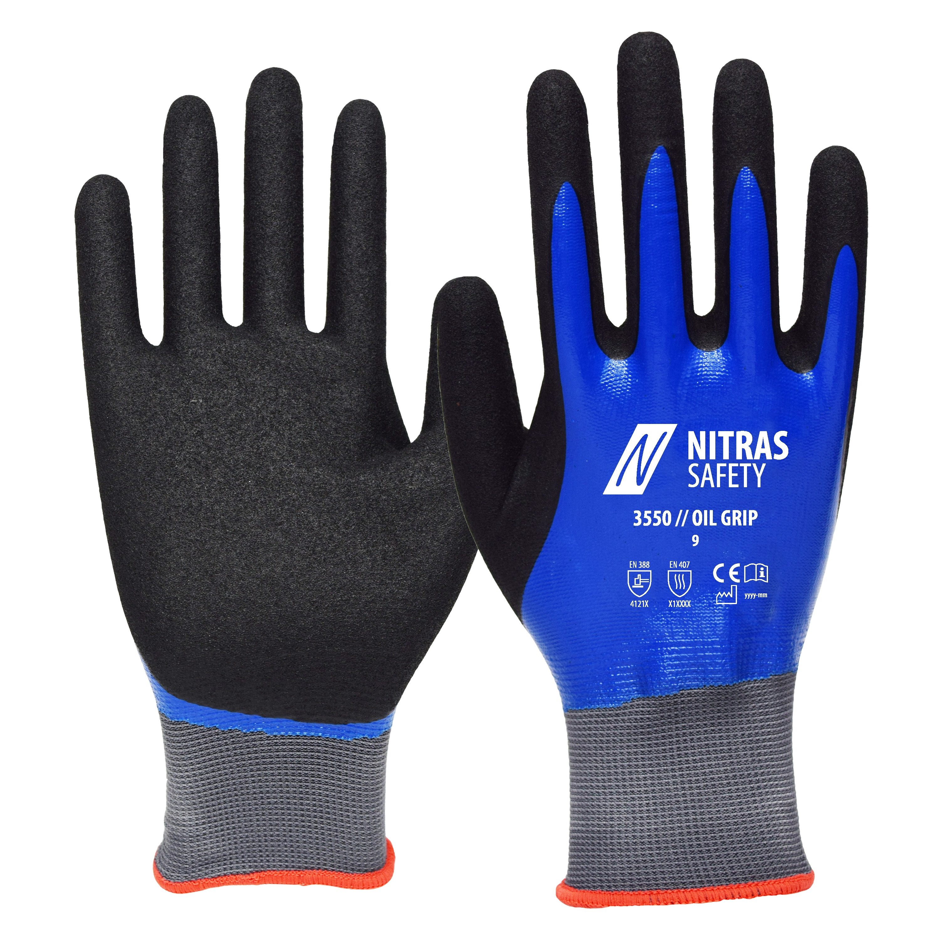 Nitras Nitril-Handschuhe 3550 Oil Grip Nitrilhandschuhe vollbeschichtet (Packung, 12-St., VPE= 12 Paar, Gr 7-11) Atmungsaktiv/ölbeständig