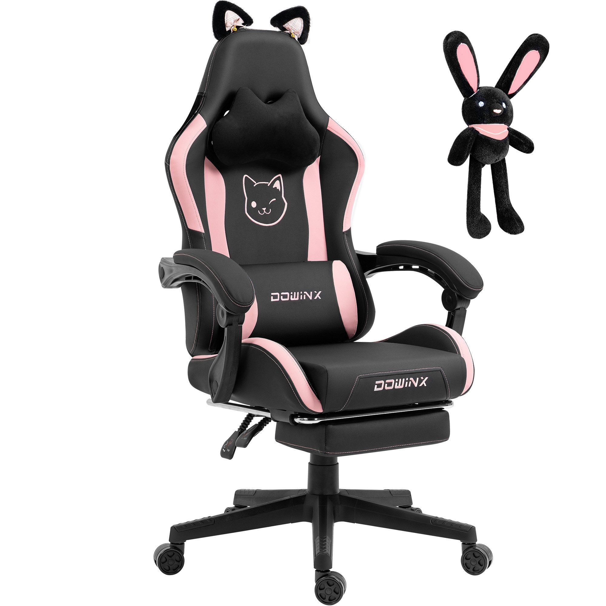 Dowinx Gaming-Stuhl Niedliche Katzenversion, PU-Leder, ergonomisches Design, mit hoher Rückenlehne und Lendenwirbelstütze und Fußstütze, Schwarz