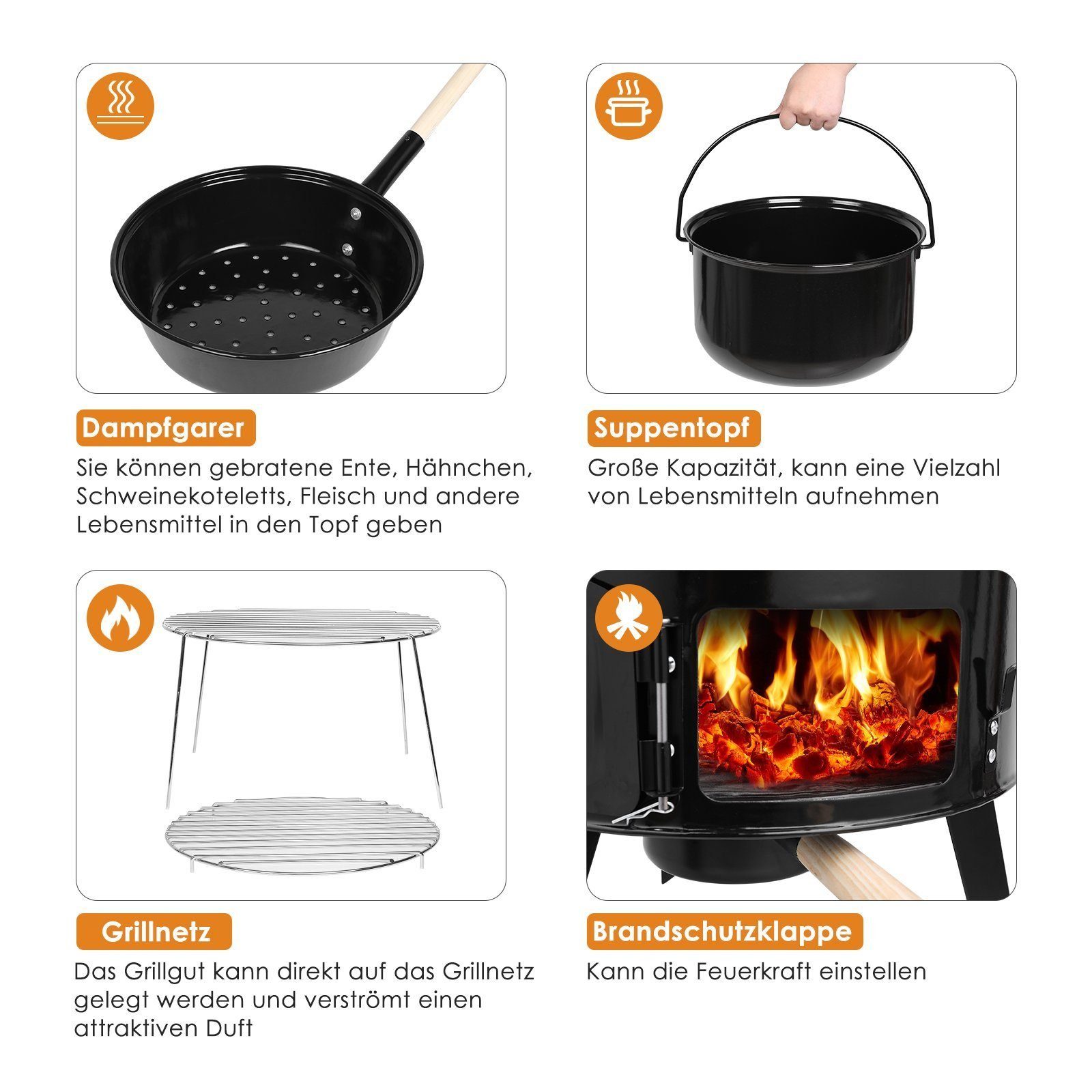 TLGREEN Holzkohlegrill 17+8L Gulaschkanone mit Thermometer & Zubehör, Multifunktionaler Schornsteintopf für Garten, Camping & Outdoor-Kochen, (Grillen, Schmoren, Dampfgaren)