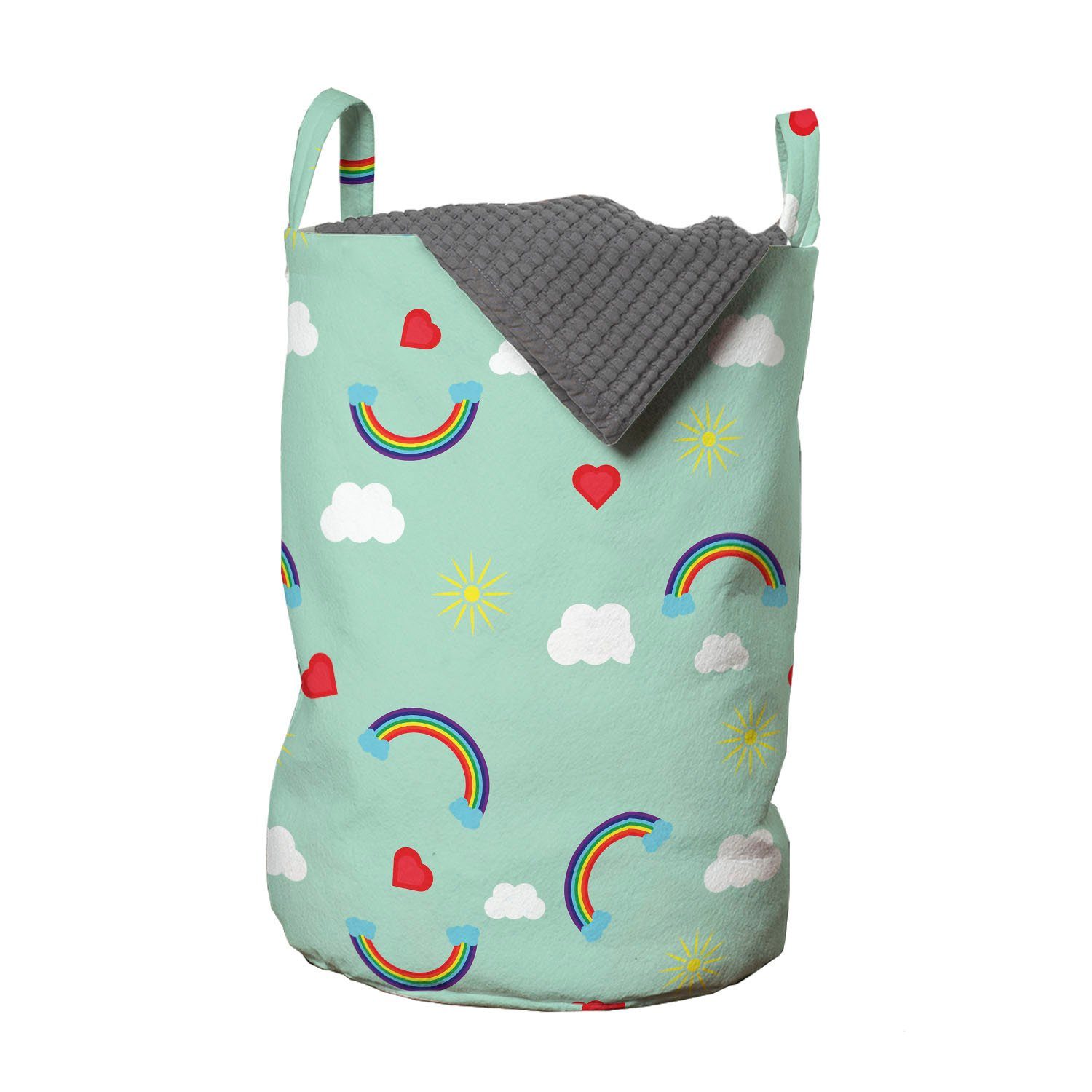 Abakuhaus Wäschesäckchen Wäschekorb mit Griffen Waschsalons, Regenbogen-Himmel-Wolken-Herz Kordelzugverschluss für Kinder