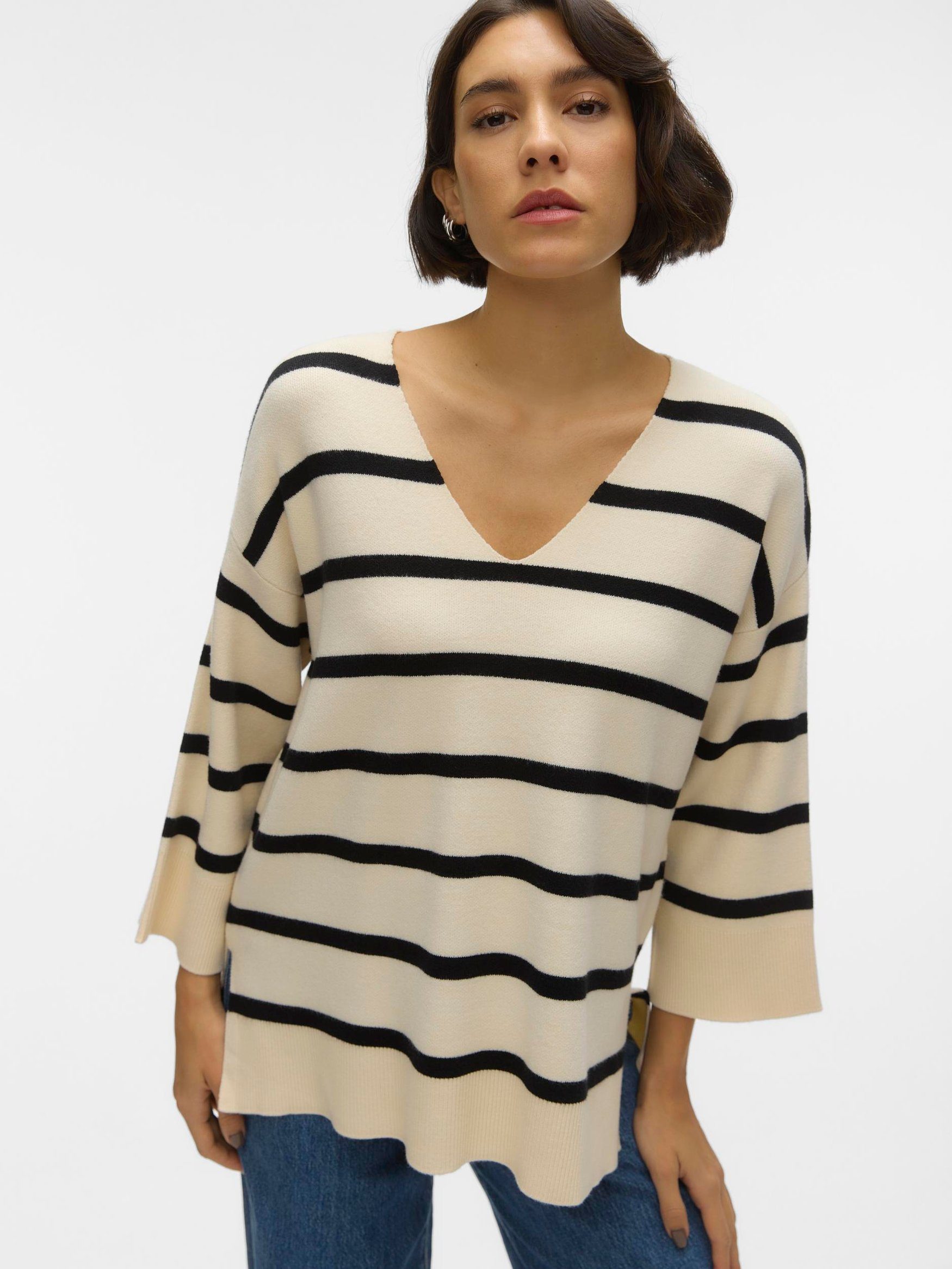 Vero Moda Strickpullover Legerer Feinstrick Pullover Weicher Streifen Sweater VMSABA 6950 in Schwarz