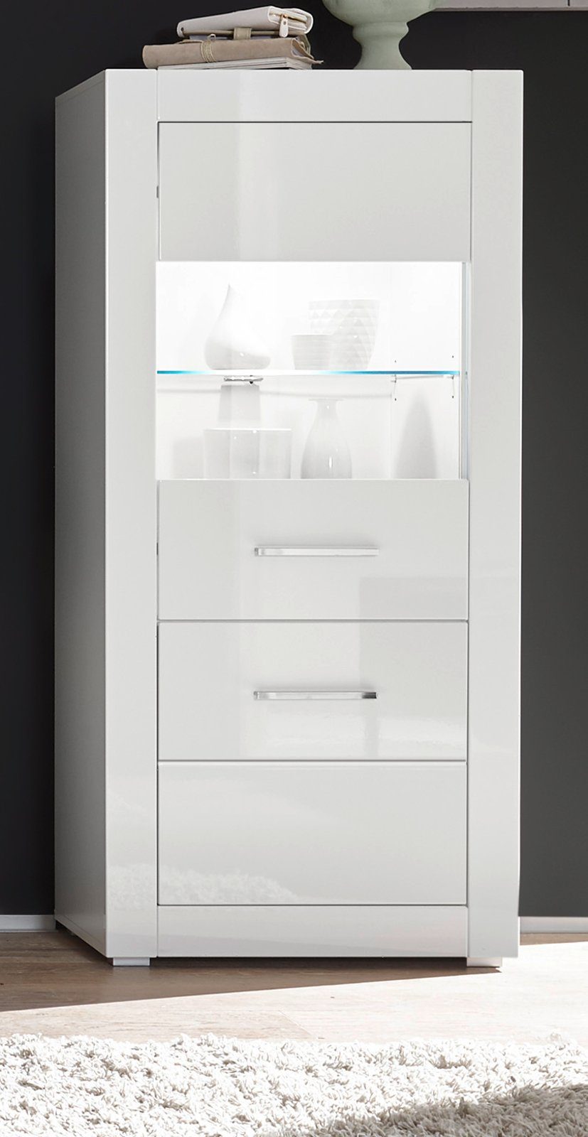 Furn.Design Midischrank Carrara (Vitrine halbhoch, 2-türig, 65 x 142 cm) in weiß Hochglanz