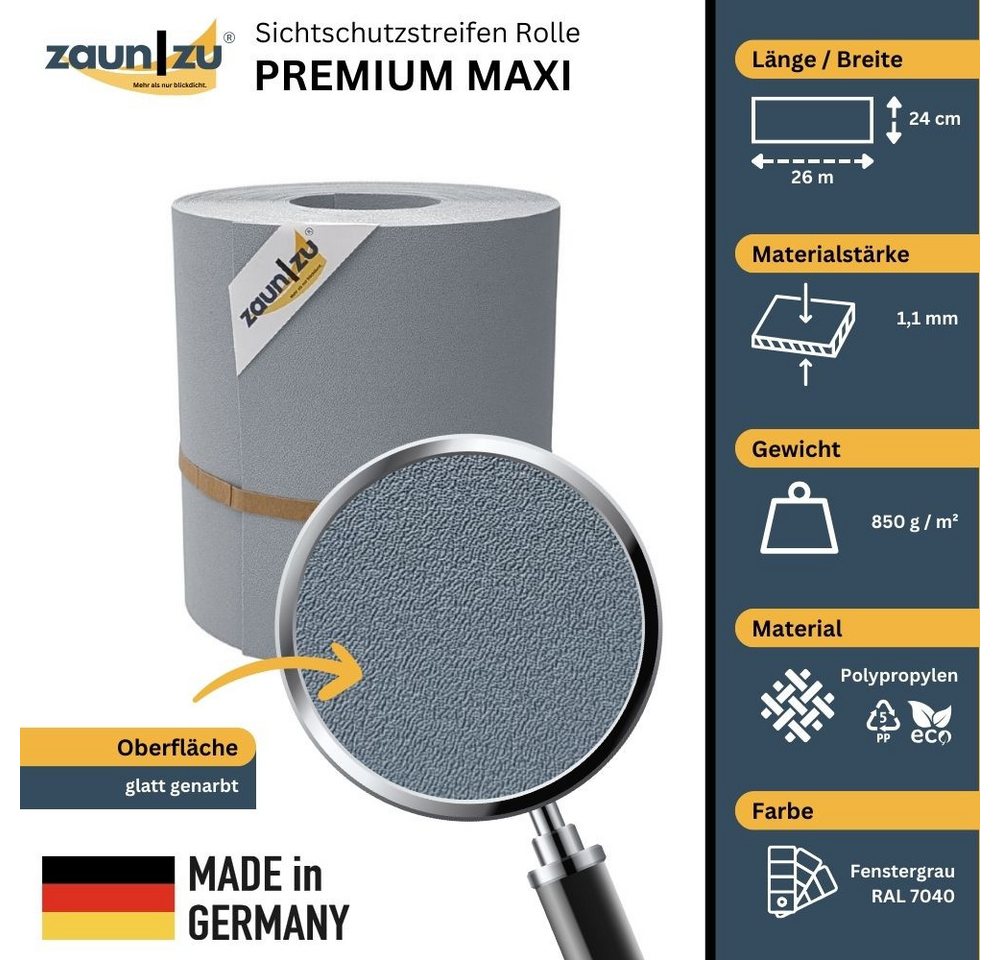 Thumbnail - zaunzu Sichtschutzstreifen Premium Maxi für Doppelstabmatten 24cm hoch Fenstergrau 26m, (1x Einzelstreifen, 24cm hoch, U...