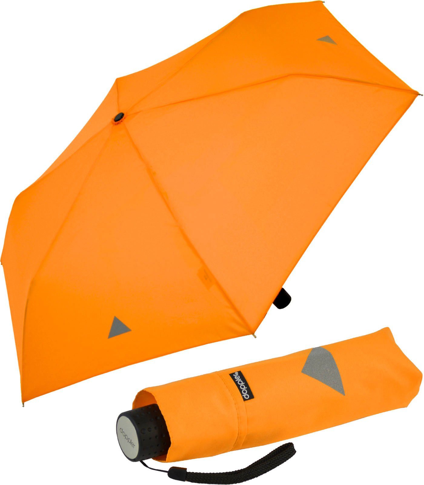 doppler® Taschenregenschirm Super-Mini Aufdrucken Havanna mit kleiner, Reflex, Kids orange reflektierenden leichter Kinderschirm