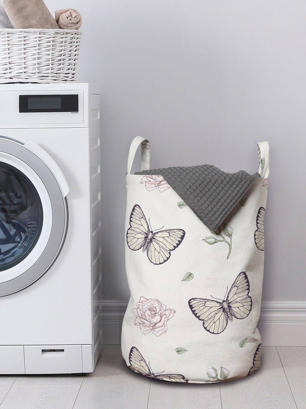 Waschsalons, für Wäschekorb Griffen Kordelzugverschluss mit Schmetterlinge und Blüten Abakuhaus Wäschesäckchen Entomologie