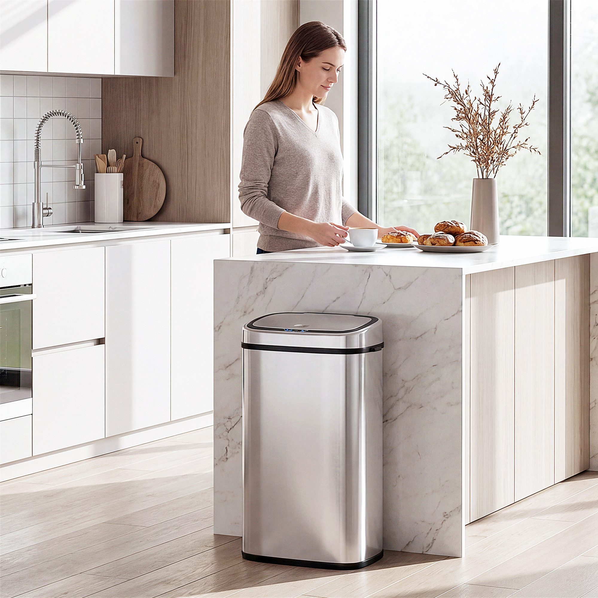 HOMCOM Mülleimer Sensor Mülleimer 68L Automatik mit Bewegungssensor Wasserdichter, für Küche, Silber