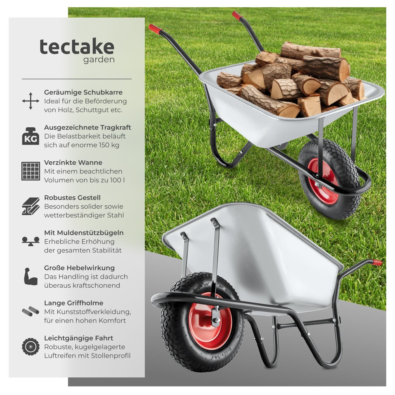 tectake Schubkarre Gartenkarre Oskar - Verzinkte Wanne mit 100L Volumen, (Einzelartikel, 1 St), Trägt bis zu 250 kg dank robustem Stahlrahmen und Verstärkung