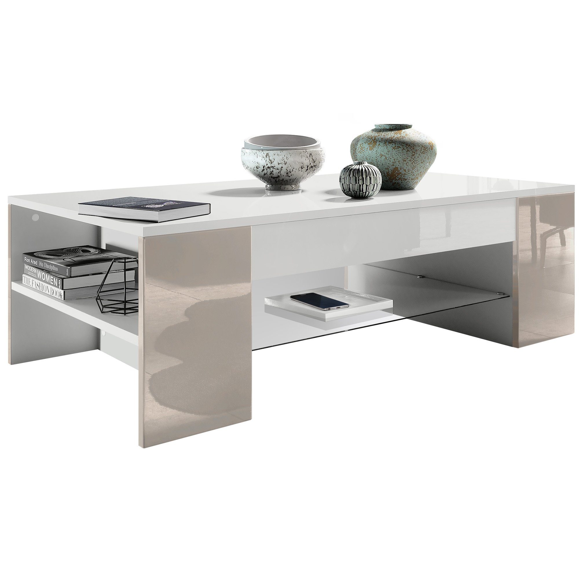 Vladon Couchtisch Clip (Wohnzimmertisch, mit 2 Seitenfächern und 1 Glasplatte), Weiß matt/ Sandgrau Hochglanz (118 x 37 x 60 cm)