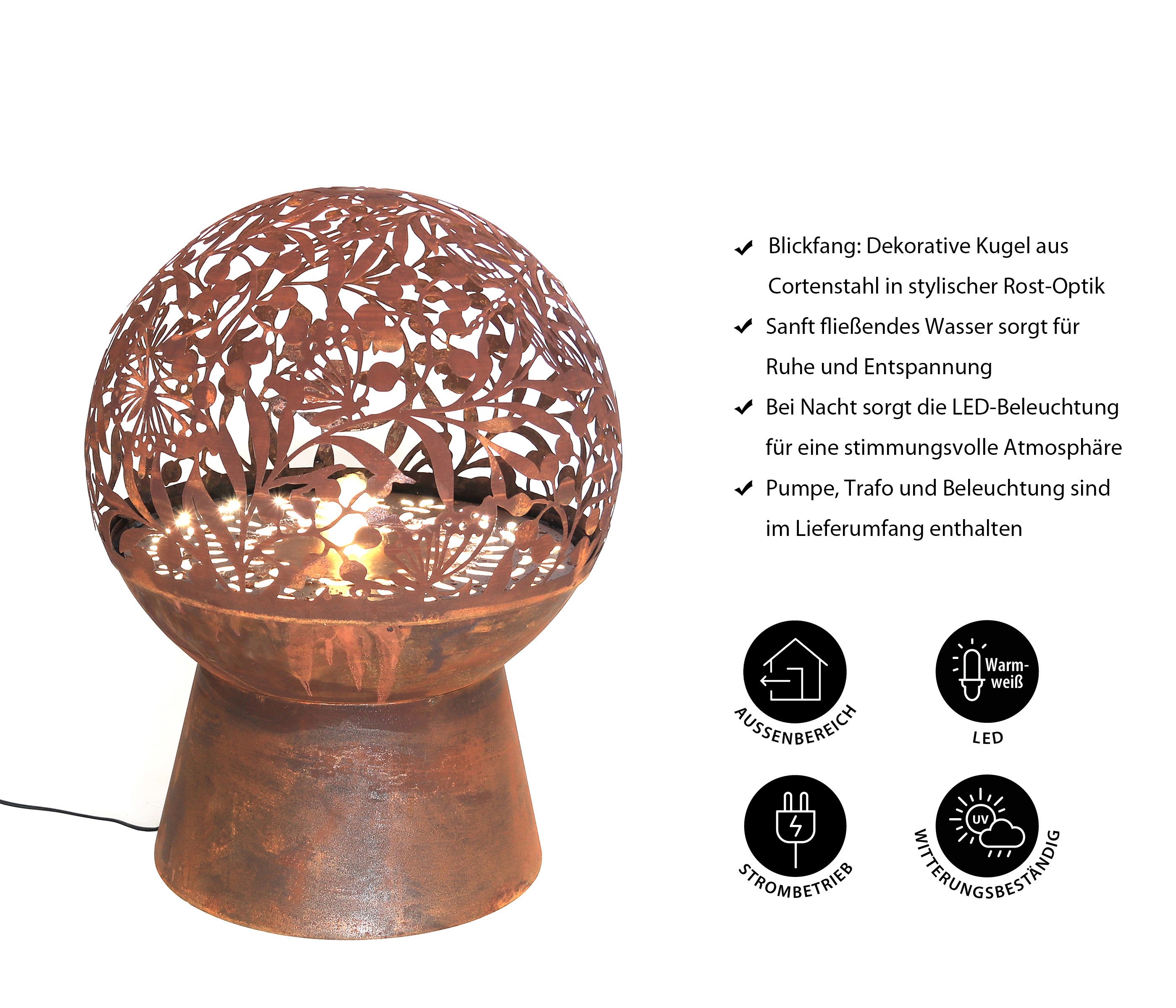 Dehner Gartenbrunnen Floral, frostbeständig, Höhe 66 cm, Ø 50 cm, Cortenstahl, Komplett-Set mit warmweißer LED Beleuchtung / Pumpe / Trafo