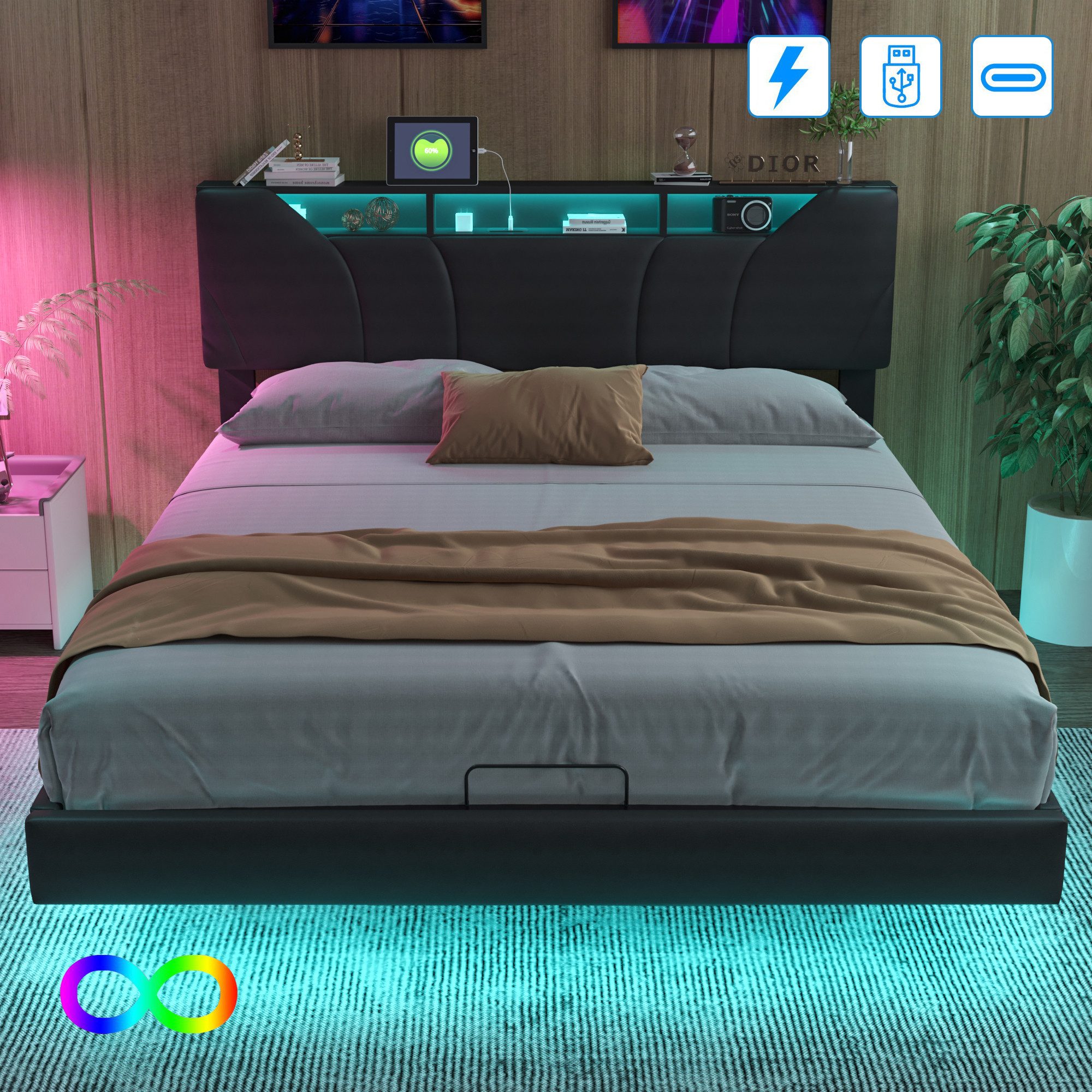 Furnishings Home Polsterbett Doppelbett LED Stauraumbett, Hydraulisch anhebbarer Stauraum (Set, Jugendbett, Leises Design Bett, Belastbarkeit 300 kg, 140x200 cm), Mit Lattenrost und Ladefunktion, PUmaterial Polsterbett
