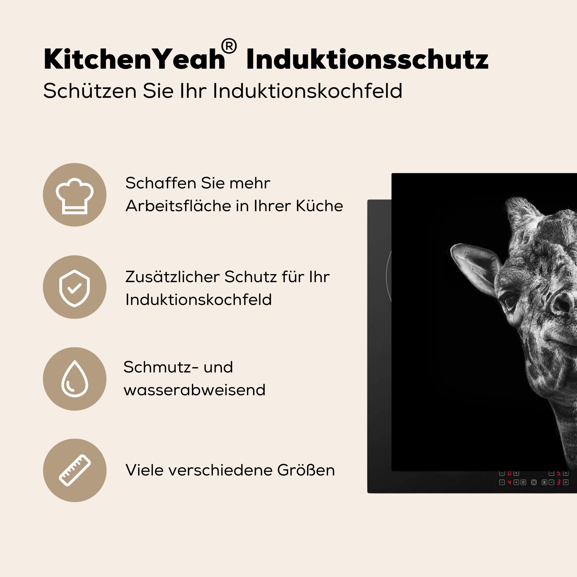 (1 - cm, Induktionsmatte für die MuchoWow Ceranfeldabdeckung küche, Schwarz Vinyl, Herdblende-/Abdeckplatte tlg), 59x52 - Giraffe Tier - Weiß,