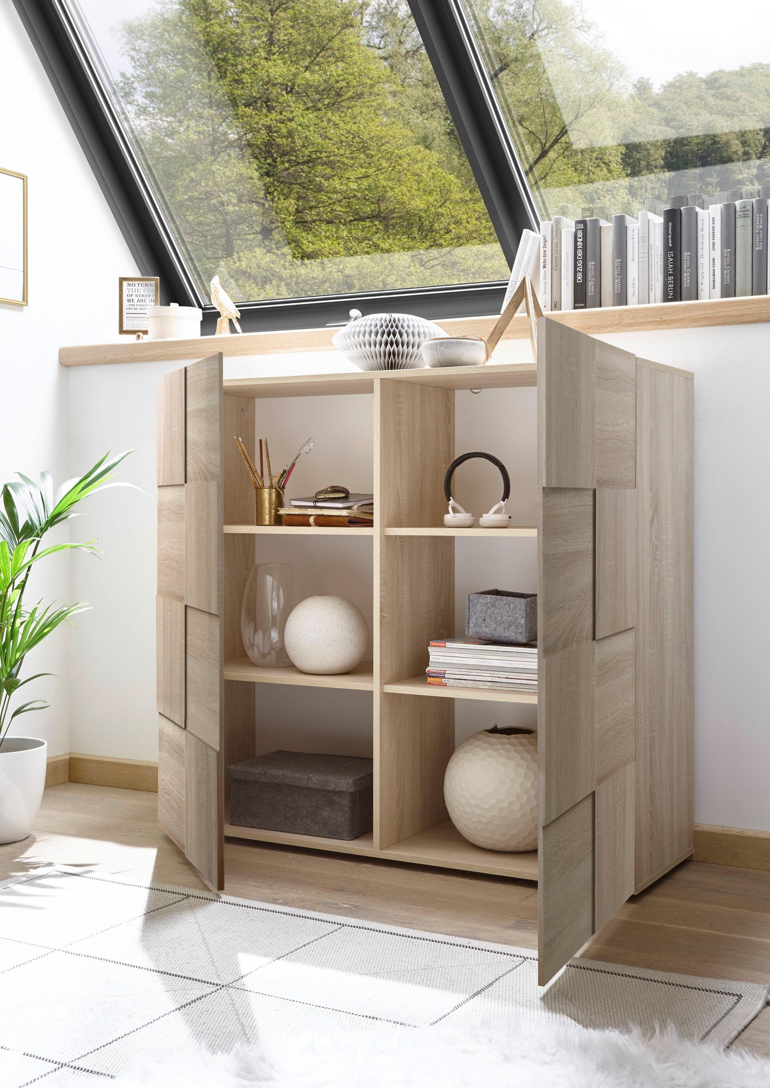 Home affaire Highboard Dama Höhe 111 cm, Breite 121 cm, Kommode 2 Türen, Hochkommode, Front in 3D-Optik, viel Stauraum, verschiedene Farben