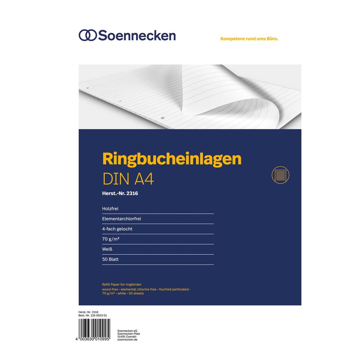 Ringbuchmappe Soennecken Ringbucheinlage 2316 DIN A4 70g liniert 50 Bl./Pack.