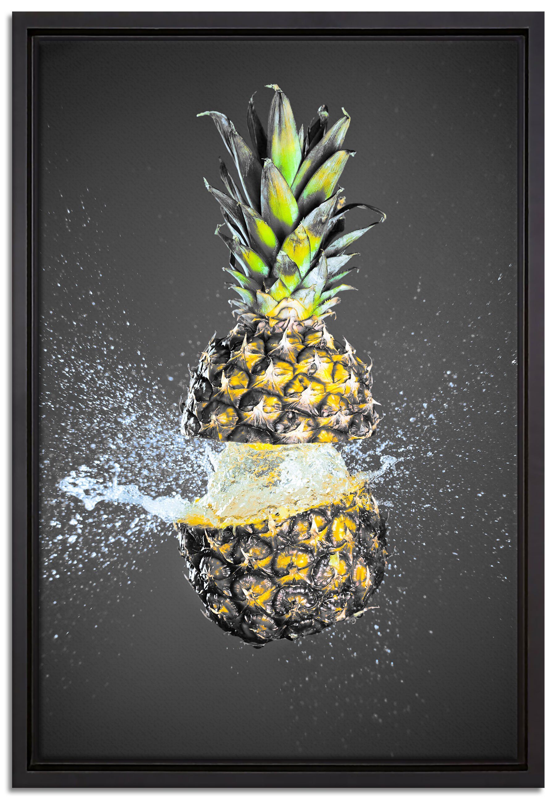 Pixxprint Leinwandbild bespritzt, Wanddekoration in (1 inkl. Ananas mit Zackenaufhänger Schattenfugen-Bilderrahmen fertig Leinwandbild einem bespannt, St), Wasser gefasst