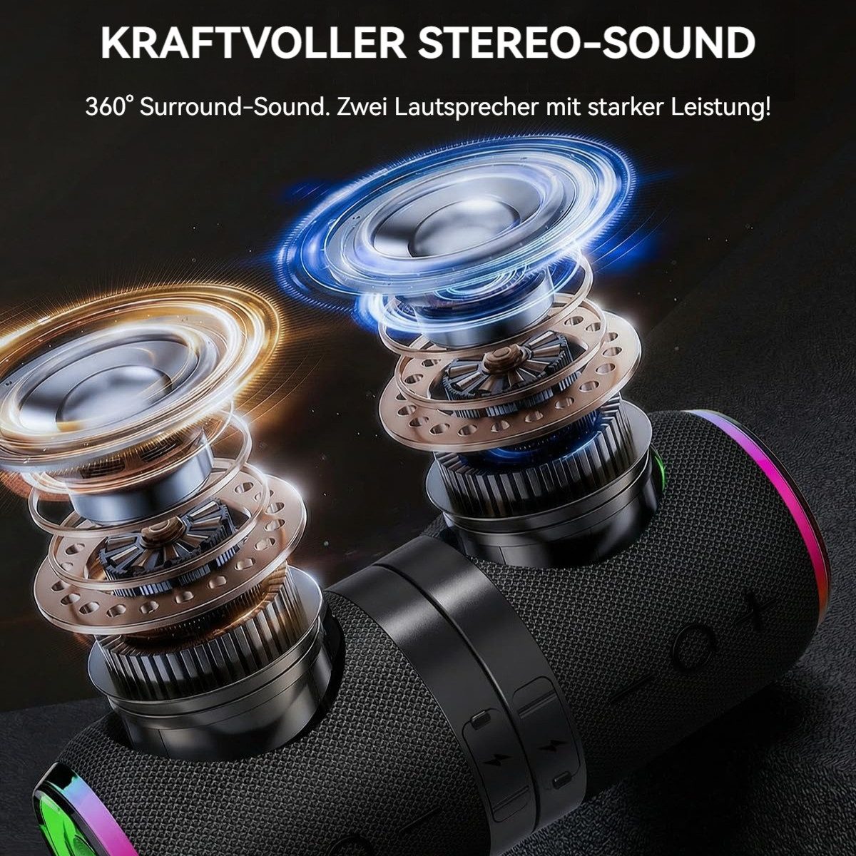 Tekoo 2-in-1 Magnetisch mit Lichteffekten Stereo Bluetooth-Lautsprecher 2.0 (Bluetooth 5.4, 10 W, IPX6 Wasserdicht, Magnetisch haftend, Trennbar in zwei Einheiten)