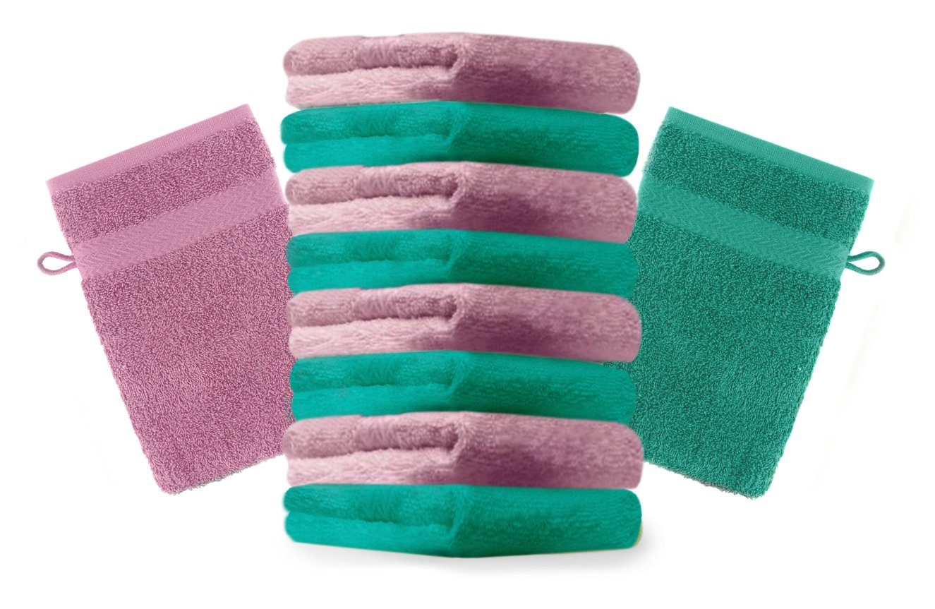 Betz Waschhandschuh 10 Stück Waschhandschuhe Premium 100% Baumwolle Waschlappen Set 16x21 cm Farbe smaragdgrün und Altrosa