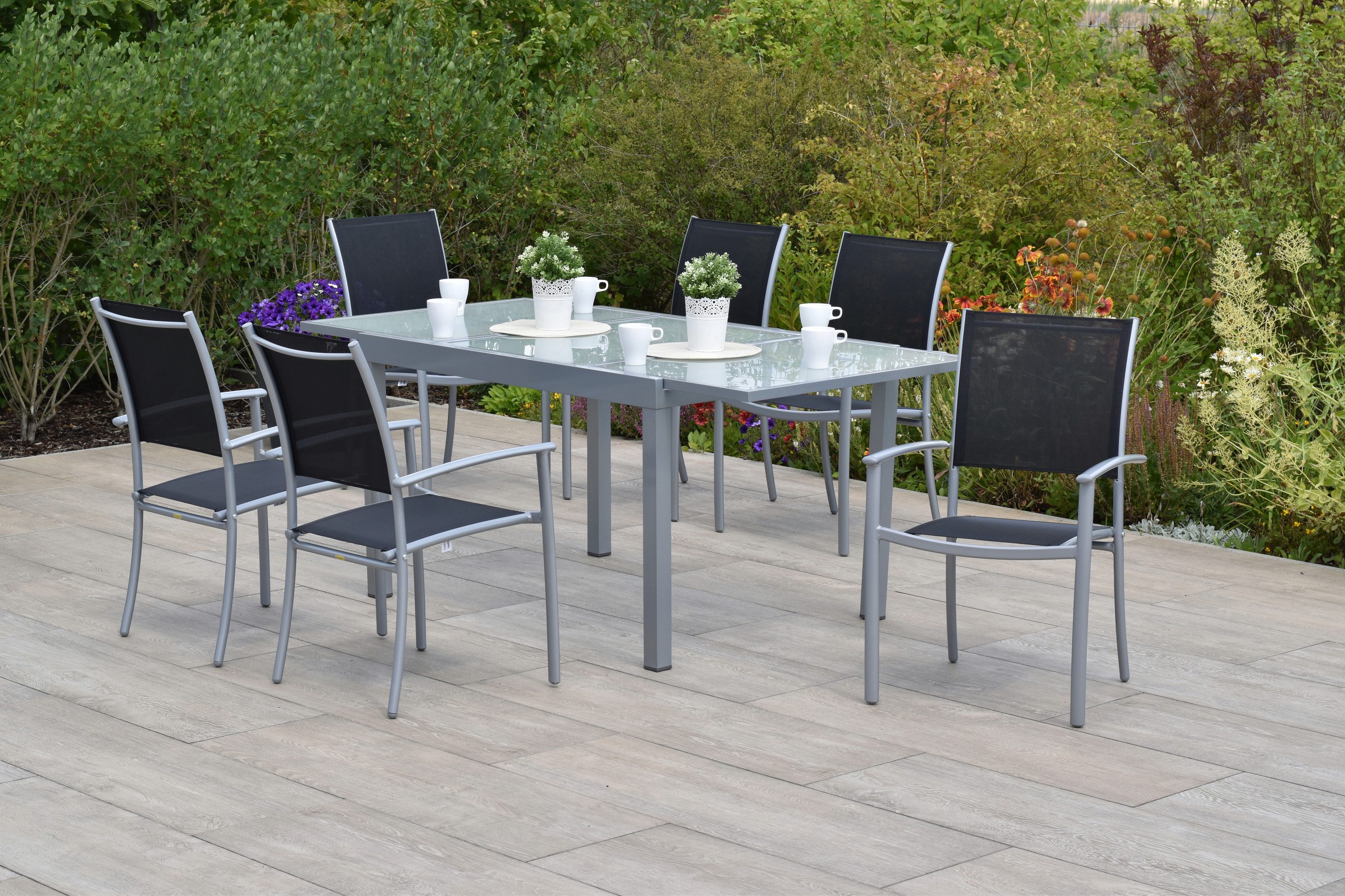 MERXX Garten-Essgruppe »Milano«, (Set, 7-tlg., Pulverbeschichtetes Aluminiumgestell), Ausziehtisch: LxB: 120-180 x 90 cm