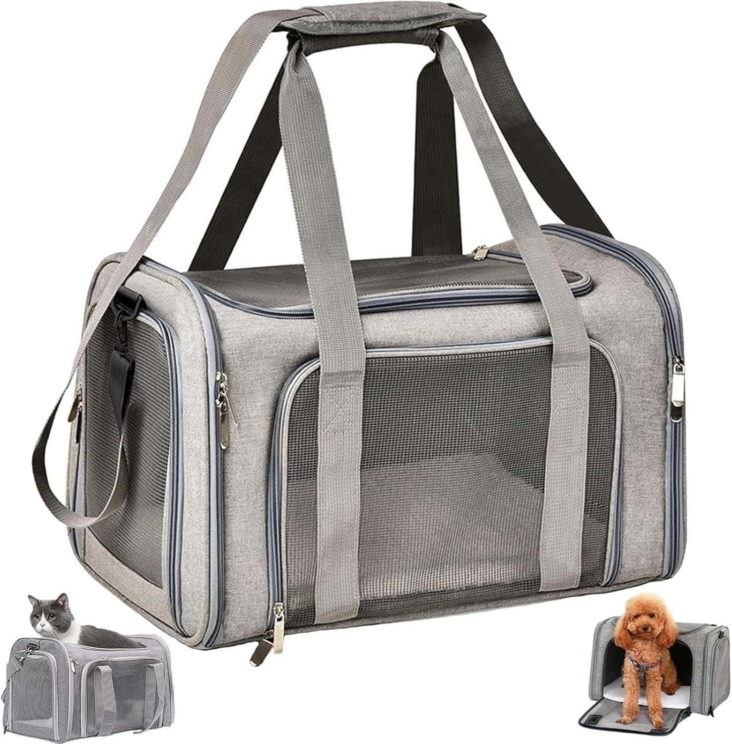 Fyrove Tiertransporttasche Hundetasche Transportbox, Atmungsaktive und Faltbare Hundebox Katzen bis 6 kg, mit Verstellbarem Schultergurt Katzentransportkäfig mit Plüschmatratze