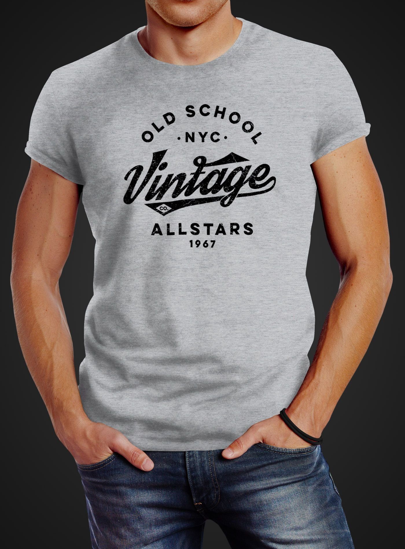 Print T-Shirt Schriftzug mit Style Allstars Herren Fashion Vintage Oldschool Print-Shirt Streetstyle Neverless® grau College Neverless